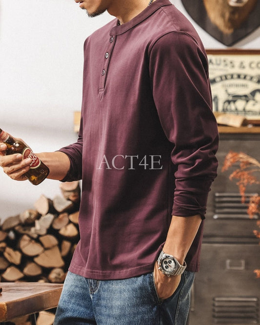 henley neck long sleeve t-shirt 5color 【ACT0244】
