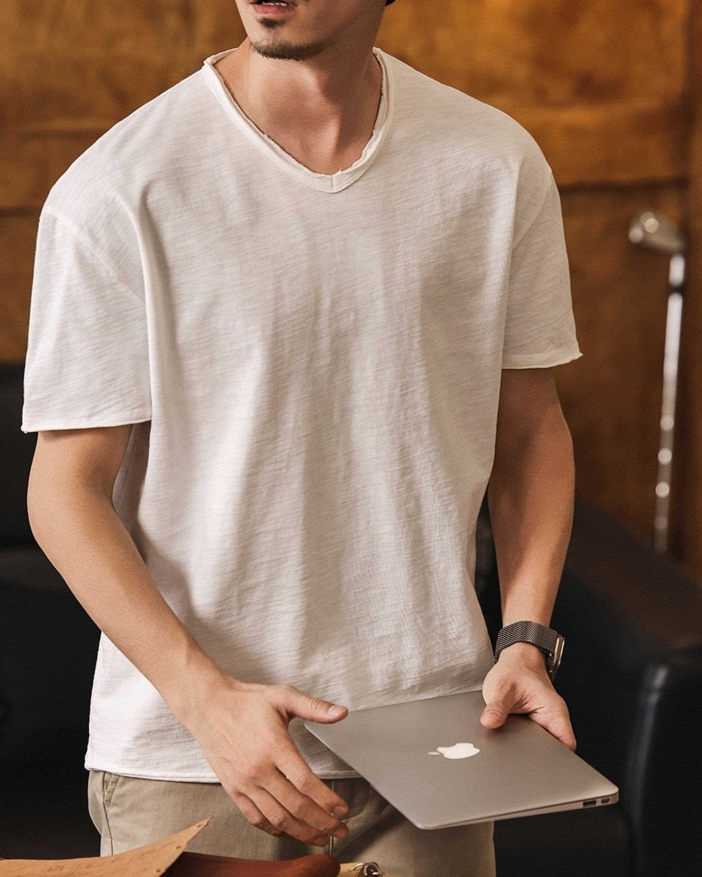 american retro slub cotton v-neck short sleeve t-shirt 7color 【ACT0160】