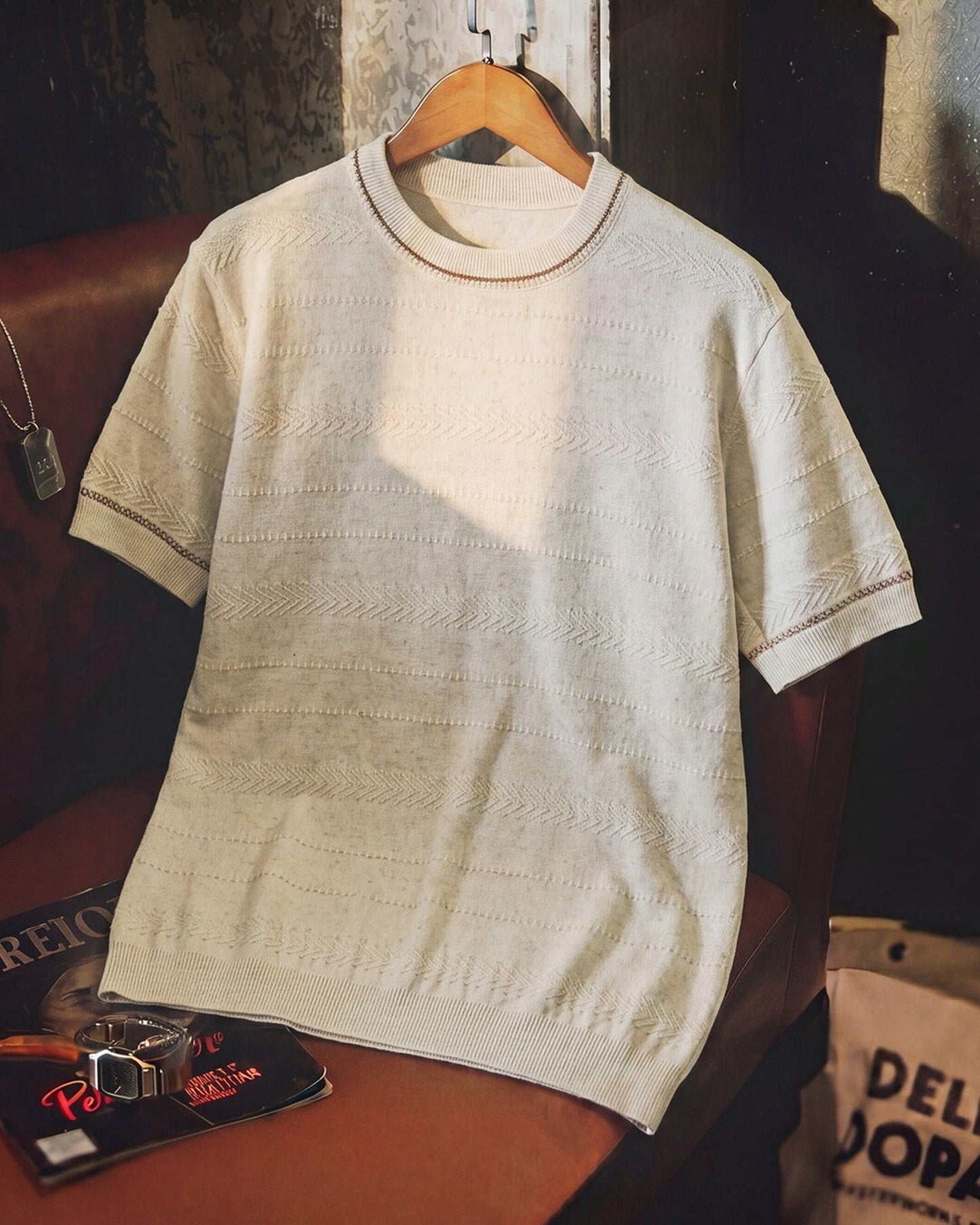 Pattern-Knit Contrast-Trim Loose Casual Knit-Shirt 3color 【ACT0086】
