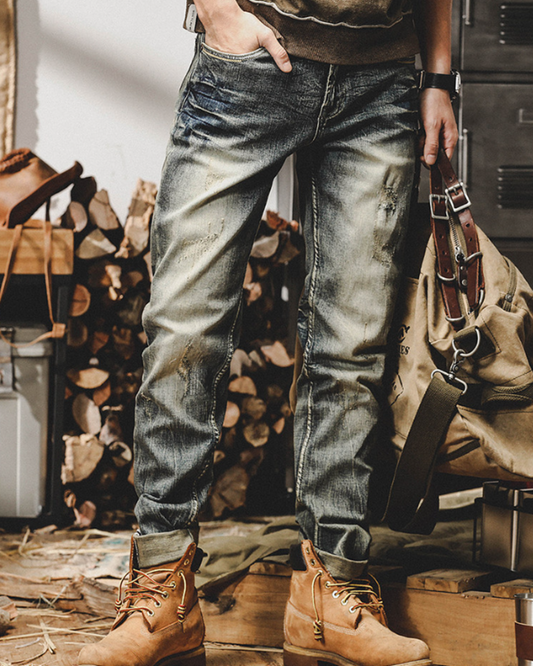 heavy slim straight distressed denim pants 【ACT0183】
