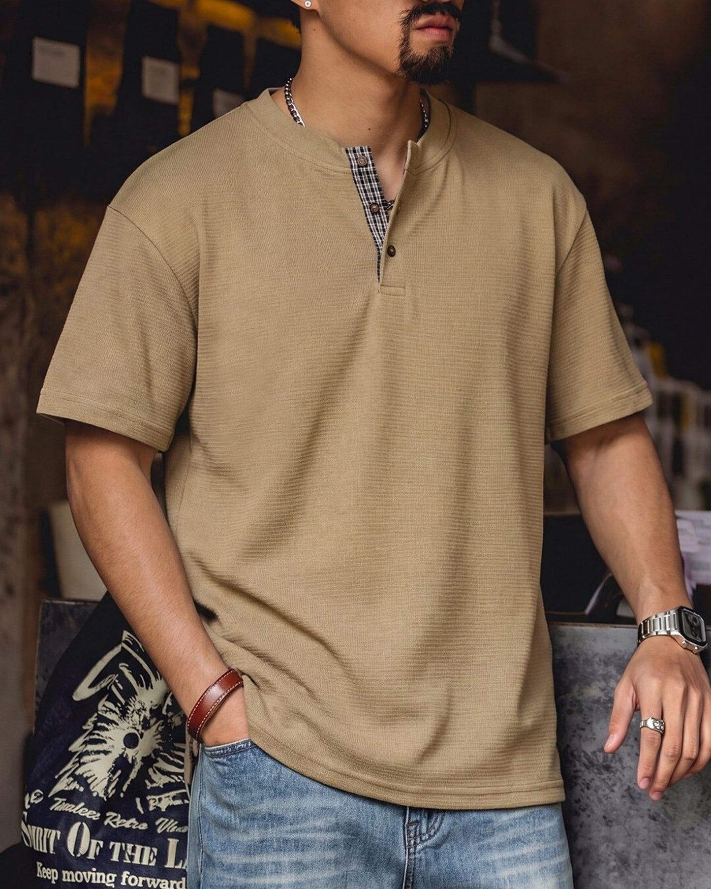 Waffle Relaxed Plaid-Trimmed Henley Neck T-Shirt 2color 【ACT0107】