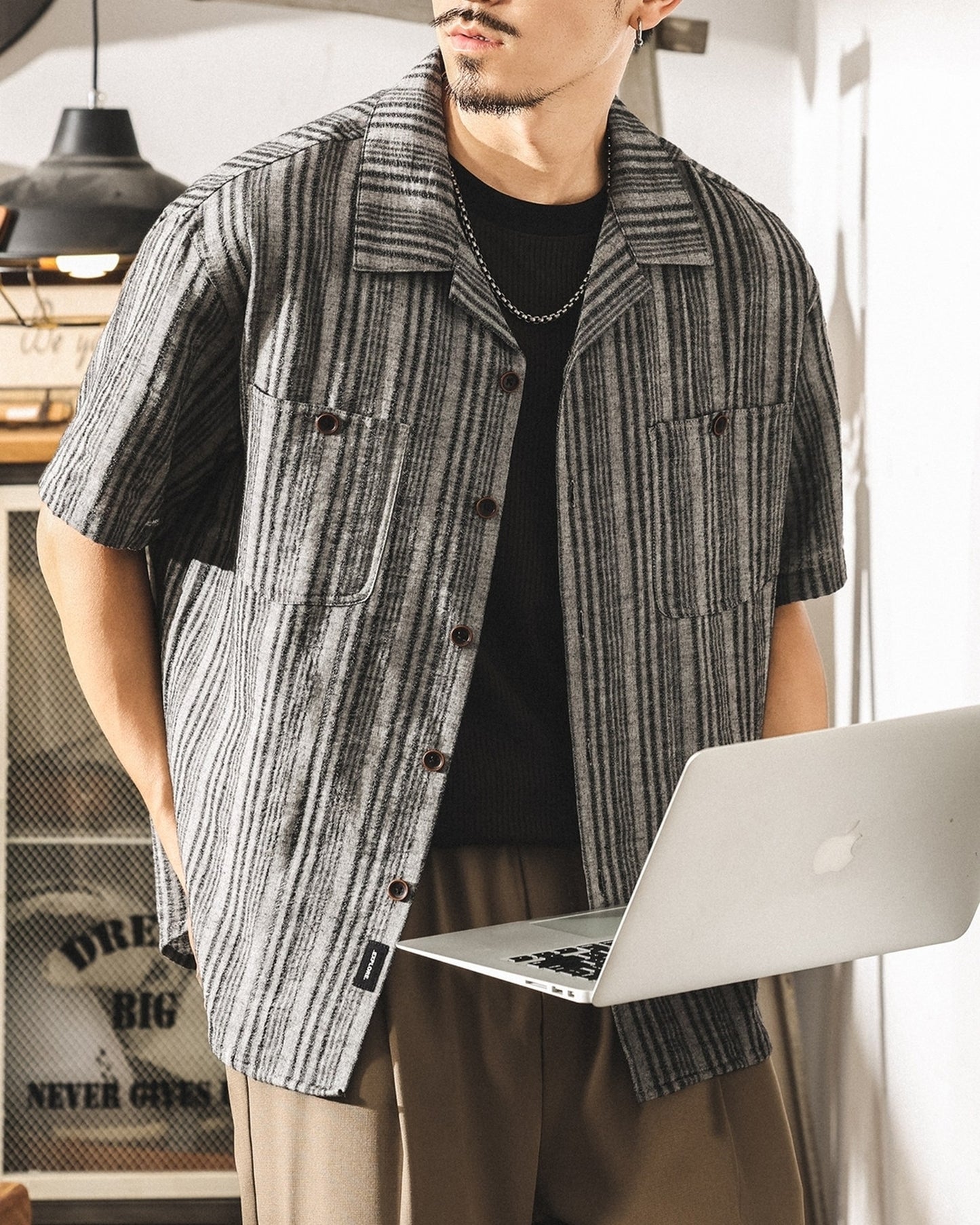 cuban collar linen loose short sleeve shirt 3color 【ACT0231】