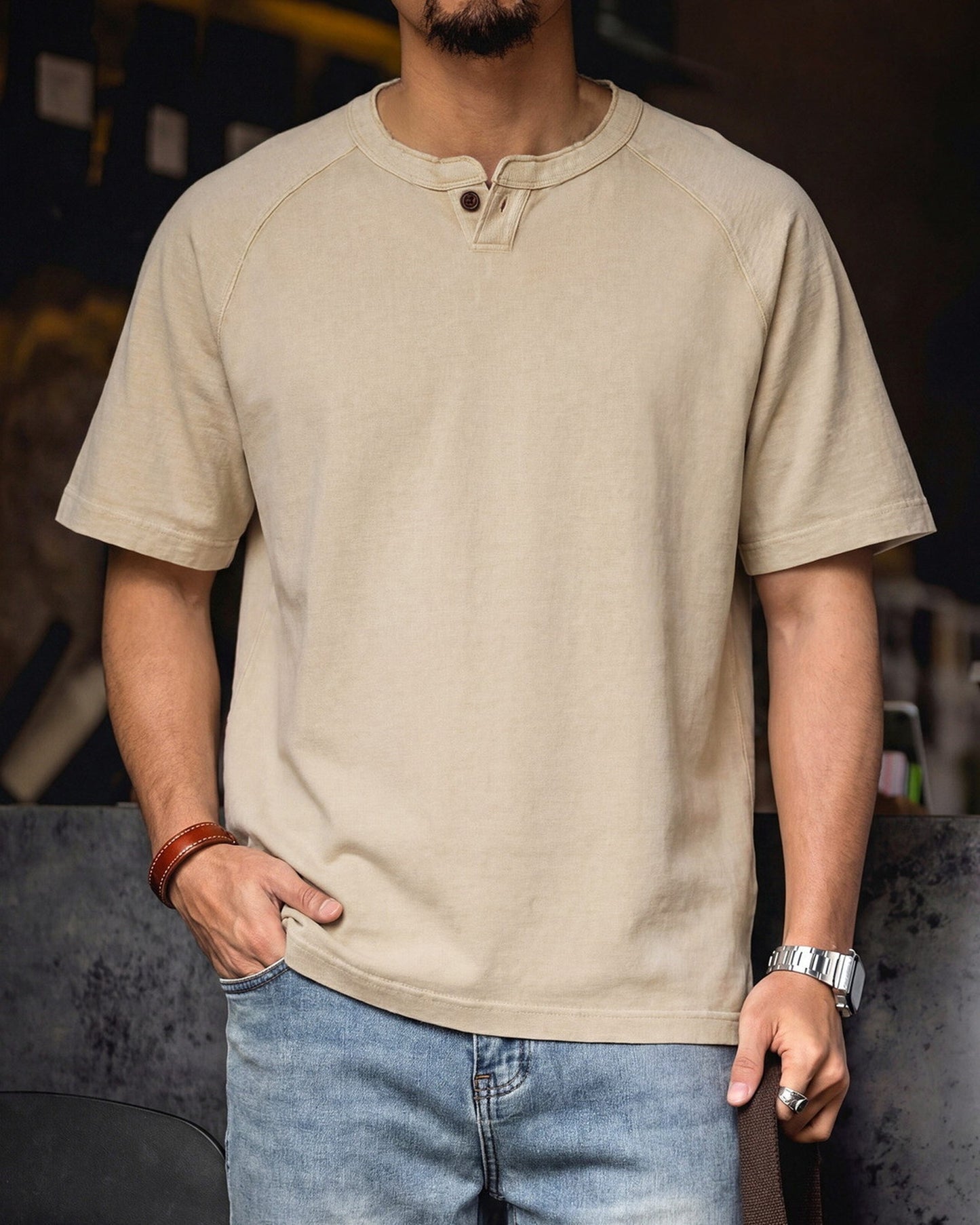 Henley-Neck Raglan-Sleeve Loose Casual T-Shirt 2color 【ACT0085】