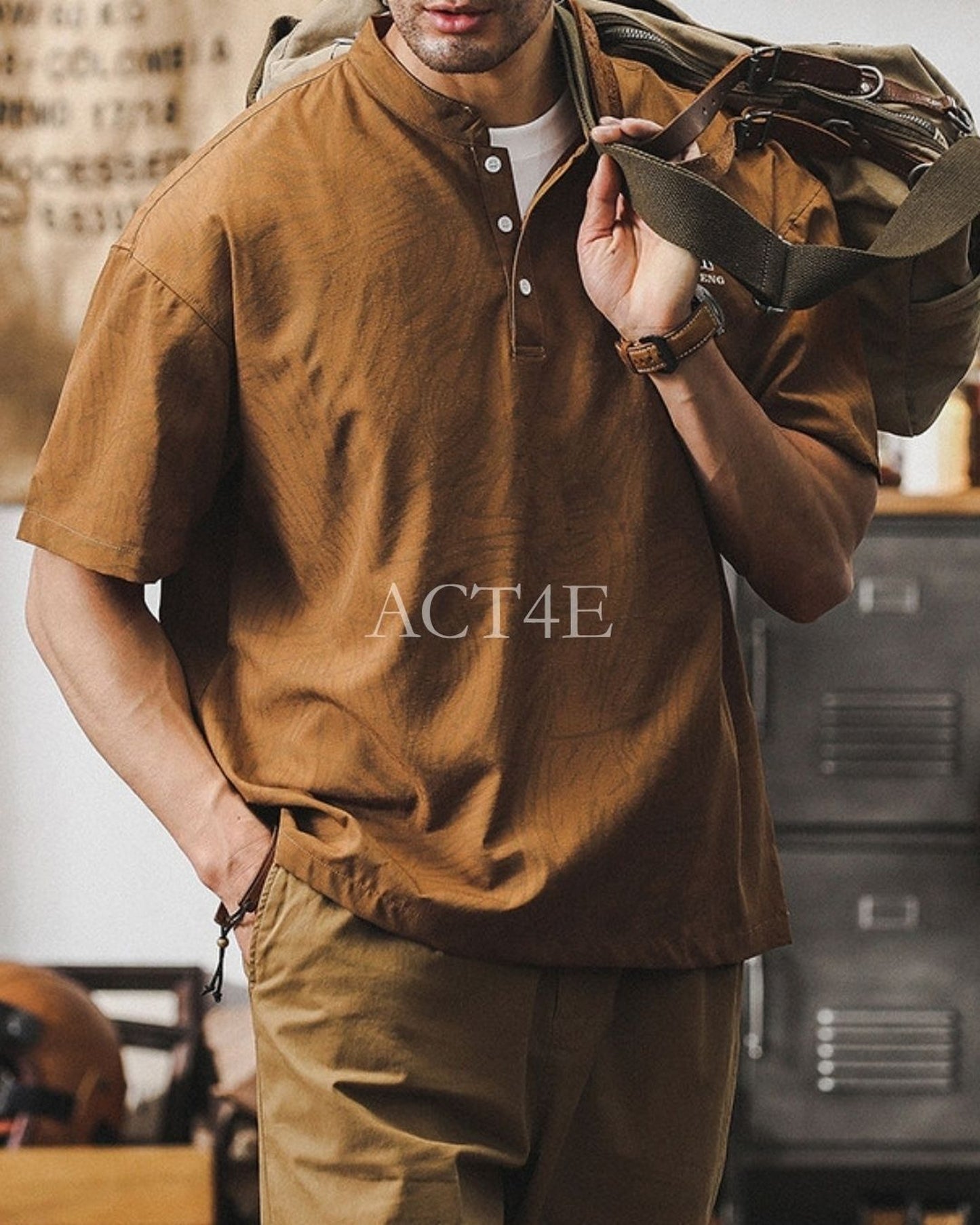 vintage striped stand collar POLO shirt 3color 【ACT0240】