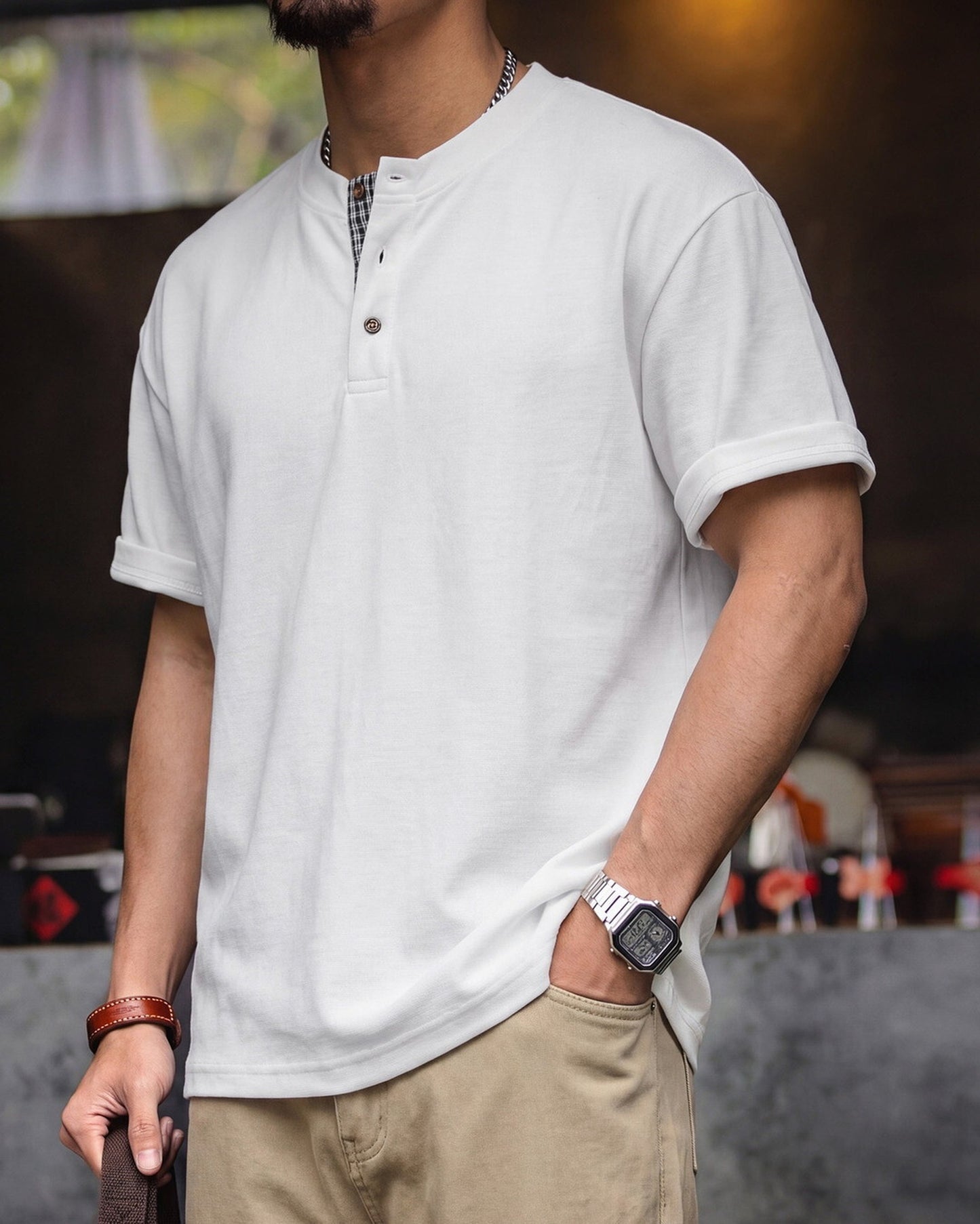 Henley Neck Relaxed Plaid-Trimmed Waffle T-Shirt 2color 【ACT0108】