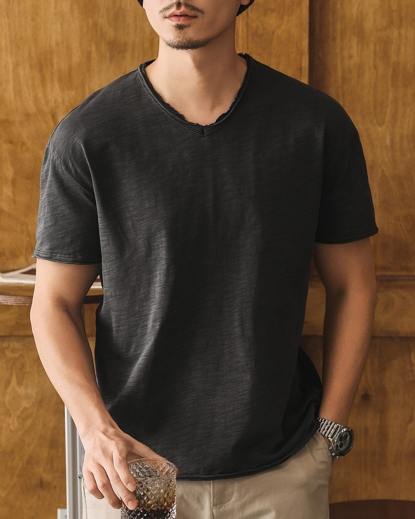 american retro slub cotton v-neck short sleeve t-shirt 7color 【ACT0160】