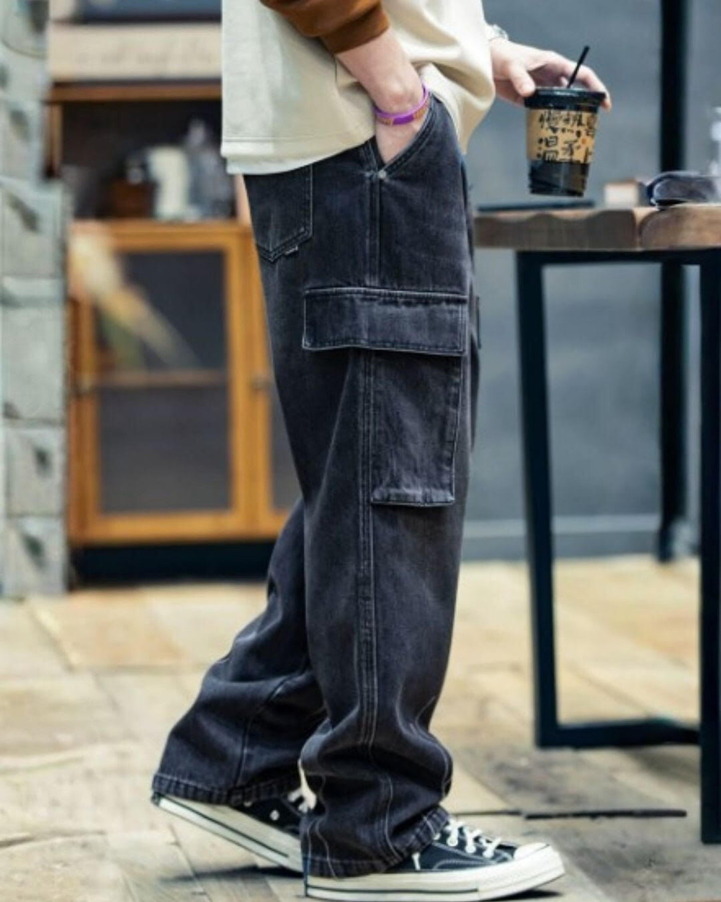 patch pocket wide denim cargo pants 【ACT0006】