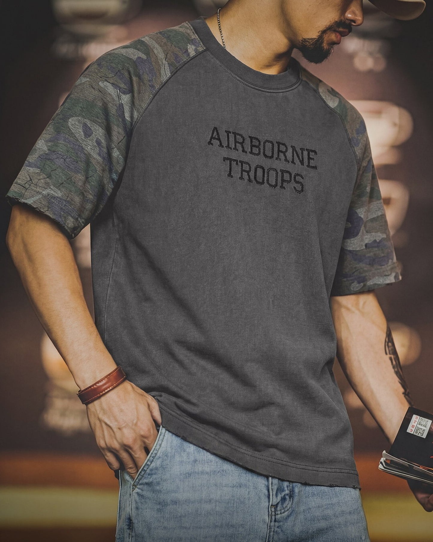Military-Camo Raglan-Sleeve Loose Casual Short-Sleeve T-Shirt 2color 【ACT0127】