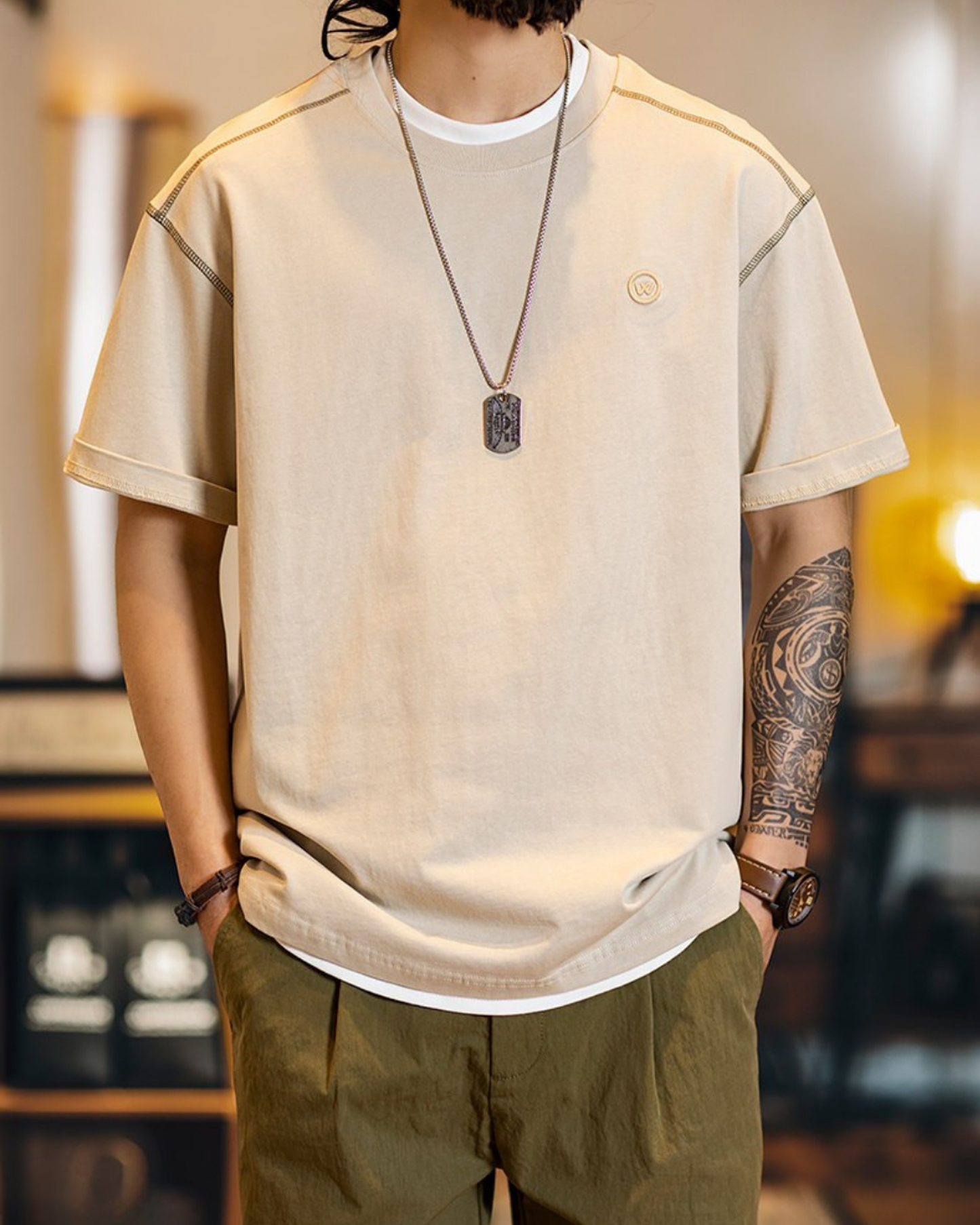 Panel stitched embroidered t-shirt 4color 【ACT0065】