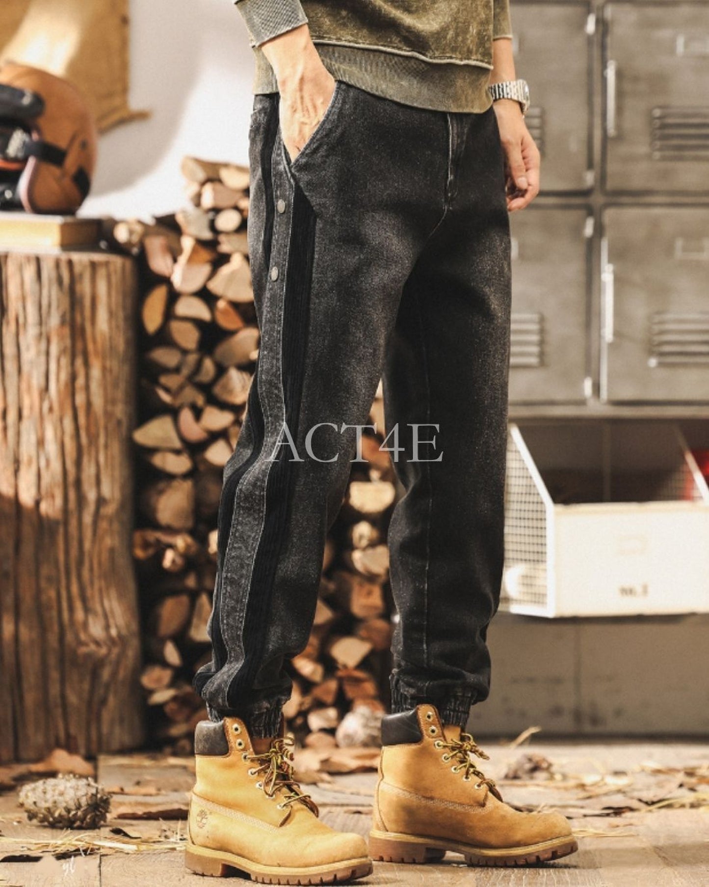 vintage stitched side corduroy jogger denim pants 2color 【ACT0207】