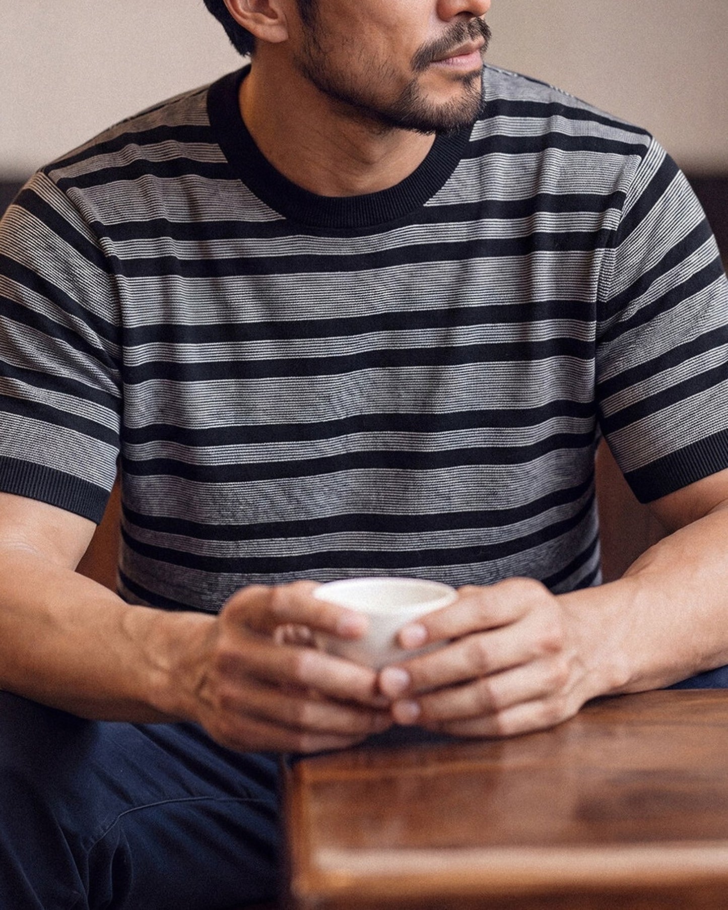 Striped Relaxed Fit Knit Short Sleeve Polo Shirt 2color 【ACT0120】