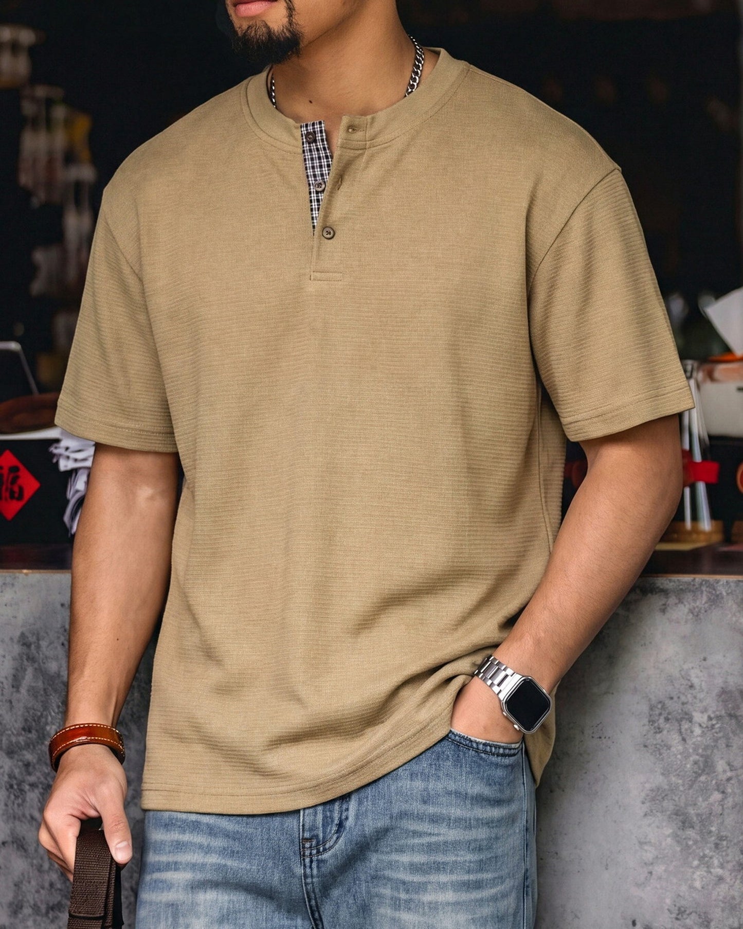 Waffle Relaxed Plaid-Trimmed Henley Neck T-Shirt 2color 【ACT0107】