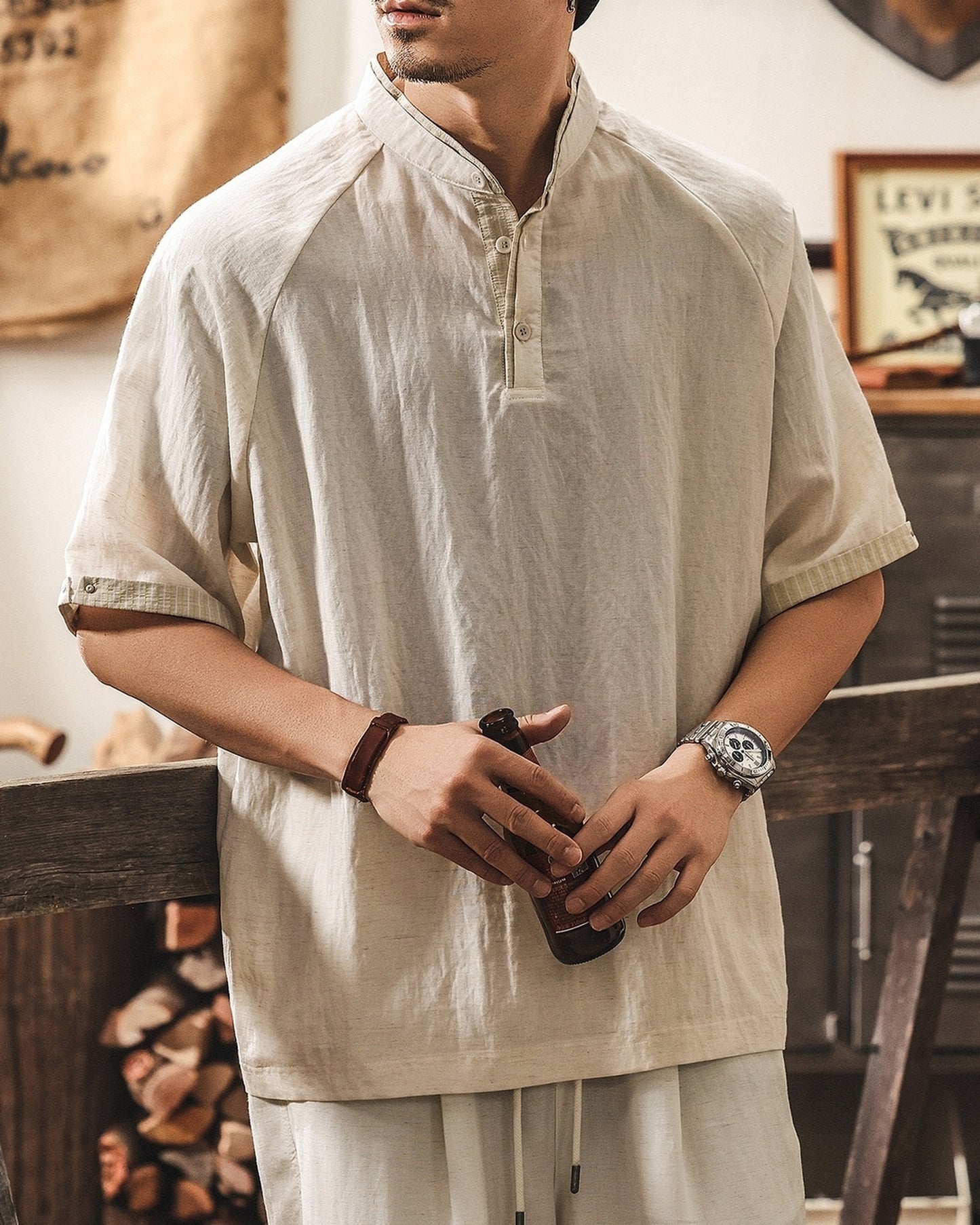 band collar henley neck short sleeve shirt 2color 【ACT0166】