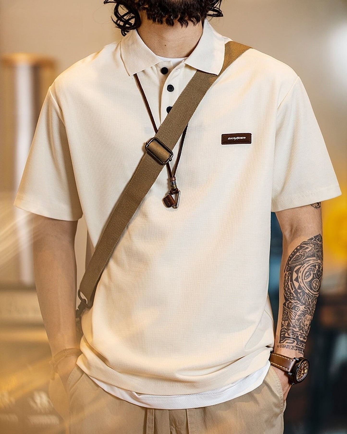 Patch Polo Loose Short -Sleeve Casual T-Shirt 2color 【ACT0075】