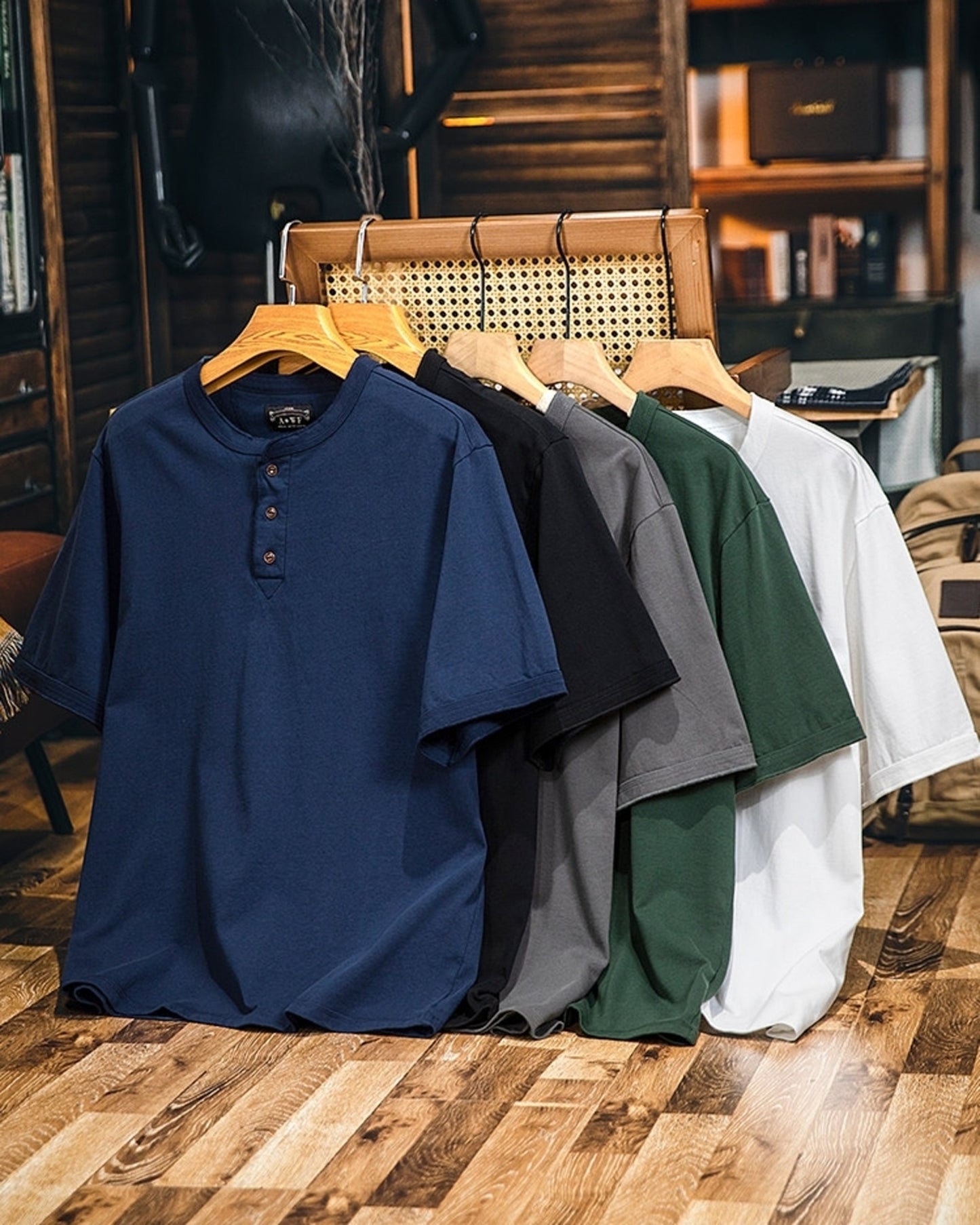 vintage henley neck solid short sleeve t-shirt 5color 【ACT0158】