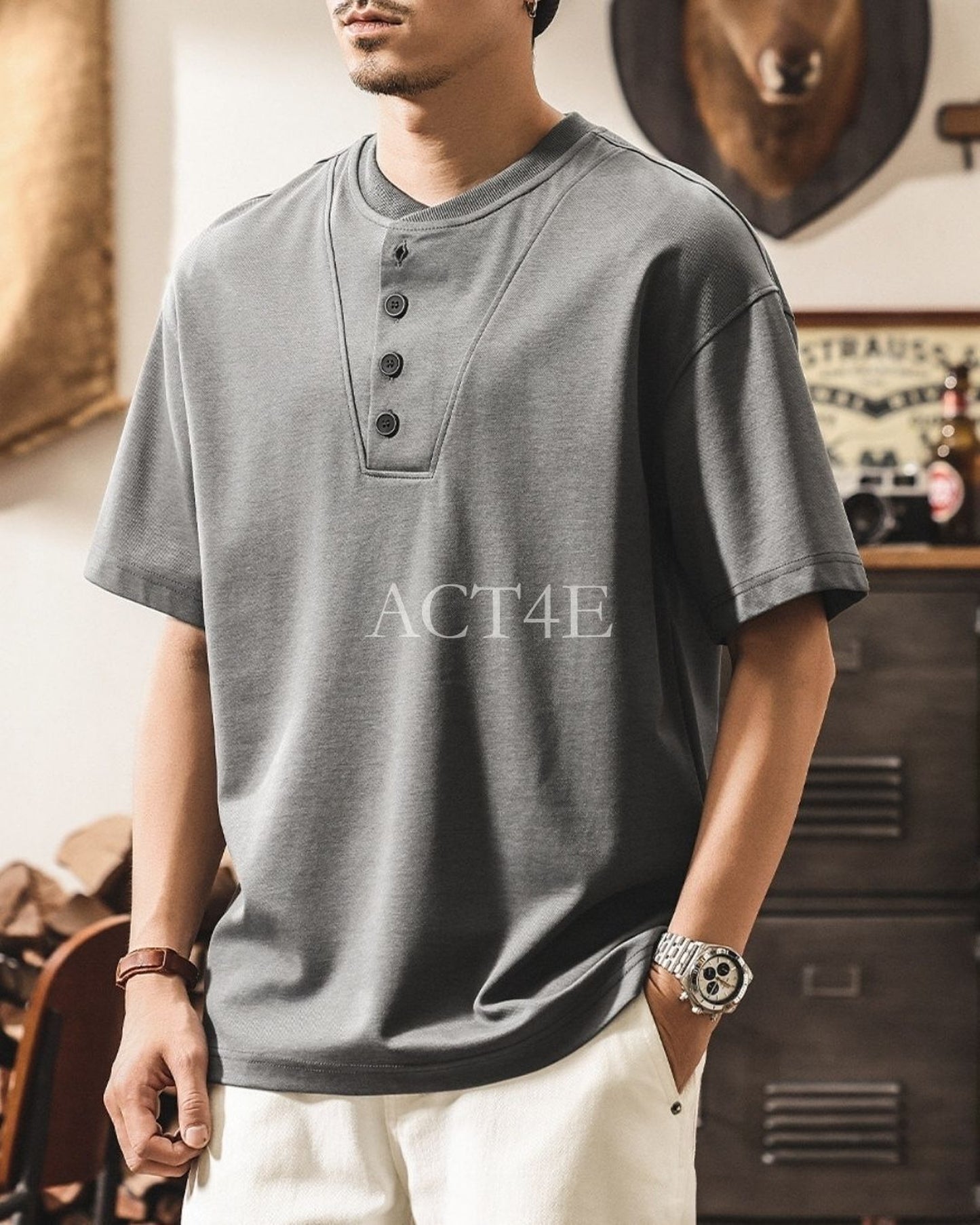henley neck short sleeve t-shirt 2color 【ACT0245】