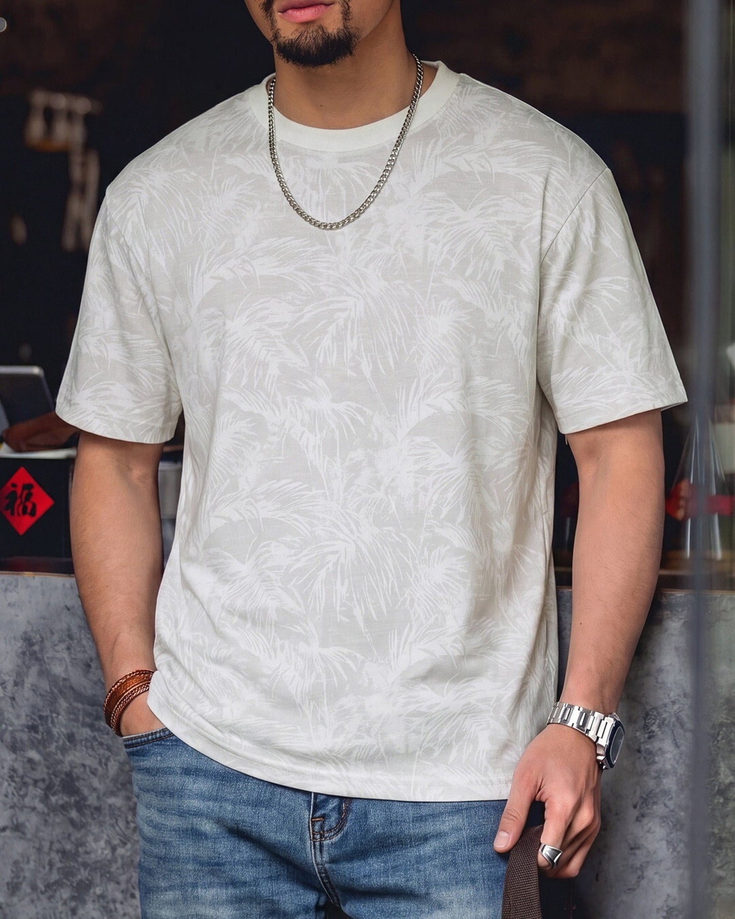 Botanical Relaxed Fit Pattern Casual T-Shirt 2color 【ACT0112】