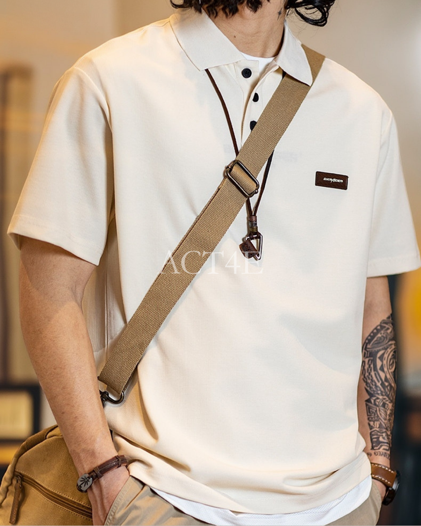 Patch Polo Loose Short -Sleeve Casual T-Shirt 2color 【ACT0075】