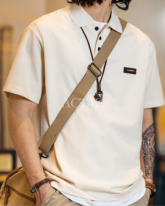 Patch Polo Loose Short -Sleeve Casual T-Shirt 2color 【ACT0075】