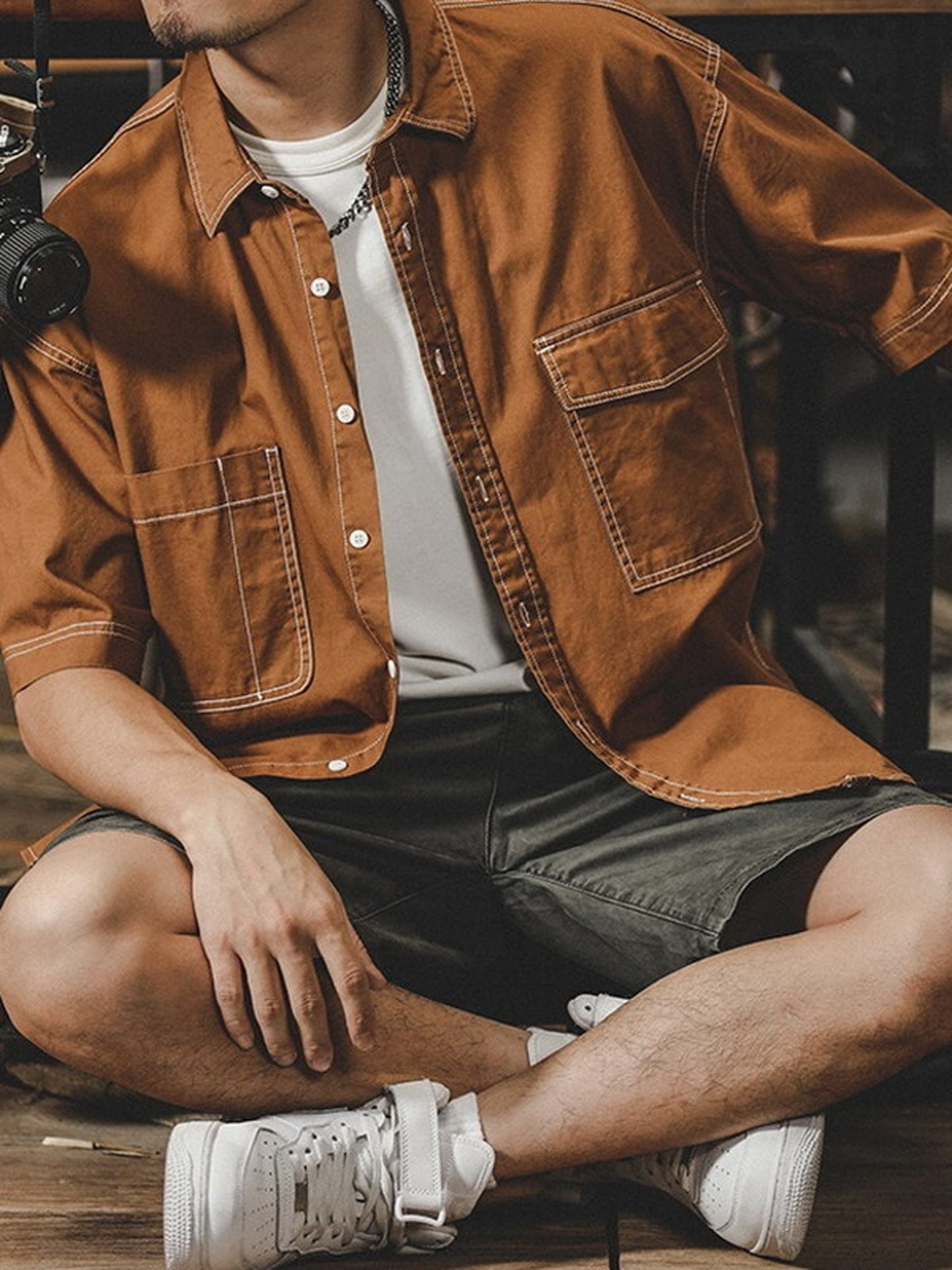 loose-fit stitched pocket short-sleeve cotton shirt 【ACT0252】