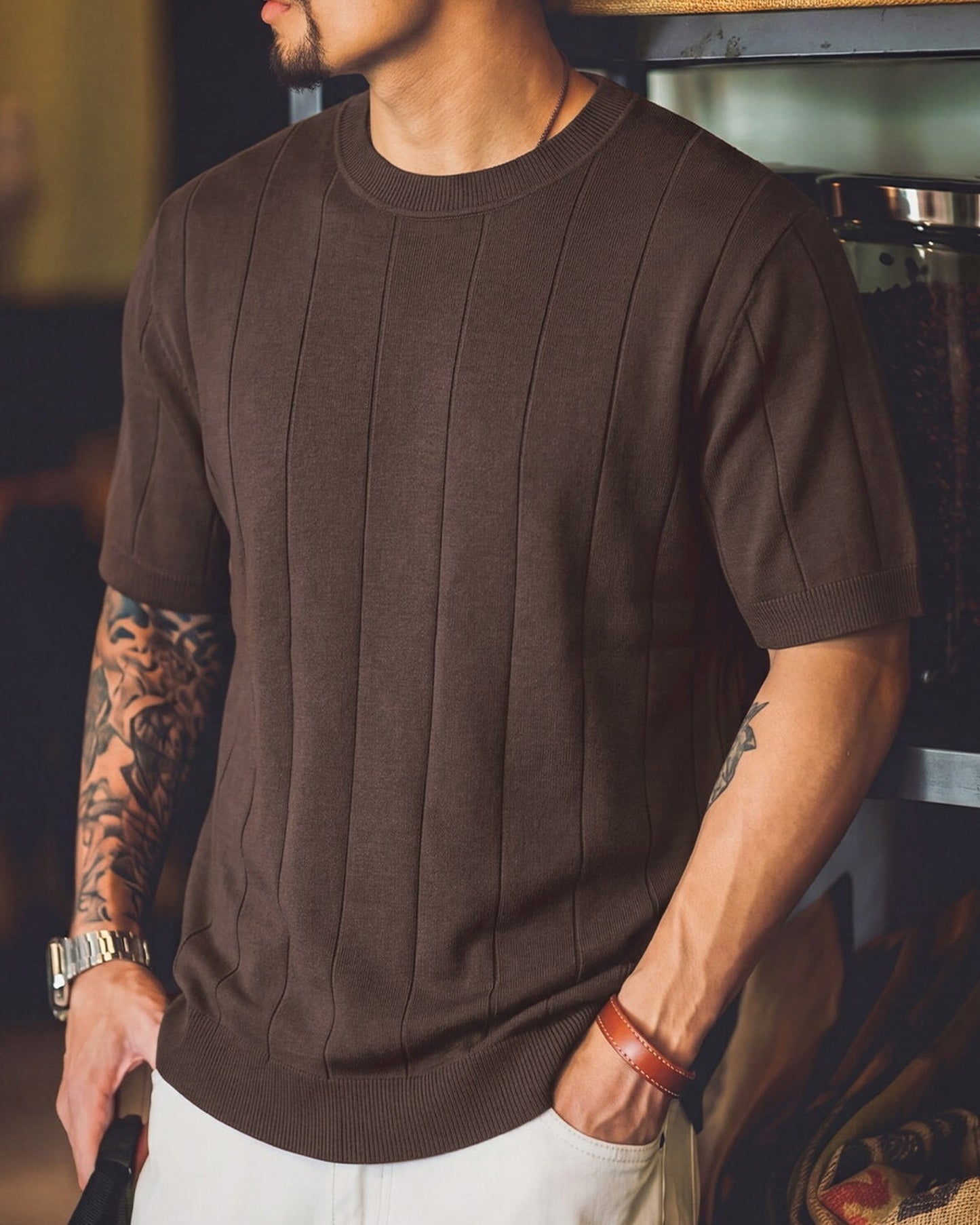 Smart-Casual Vertical-Stripe Knit Relaxed T-Shirt 4color 【ACT0101】