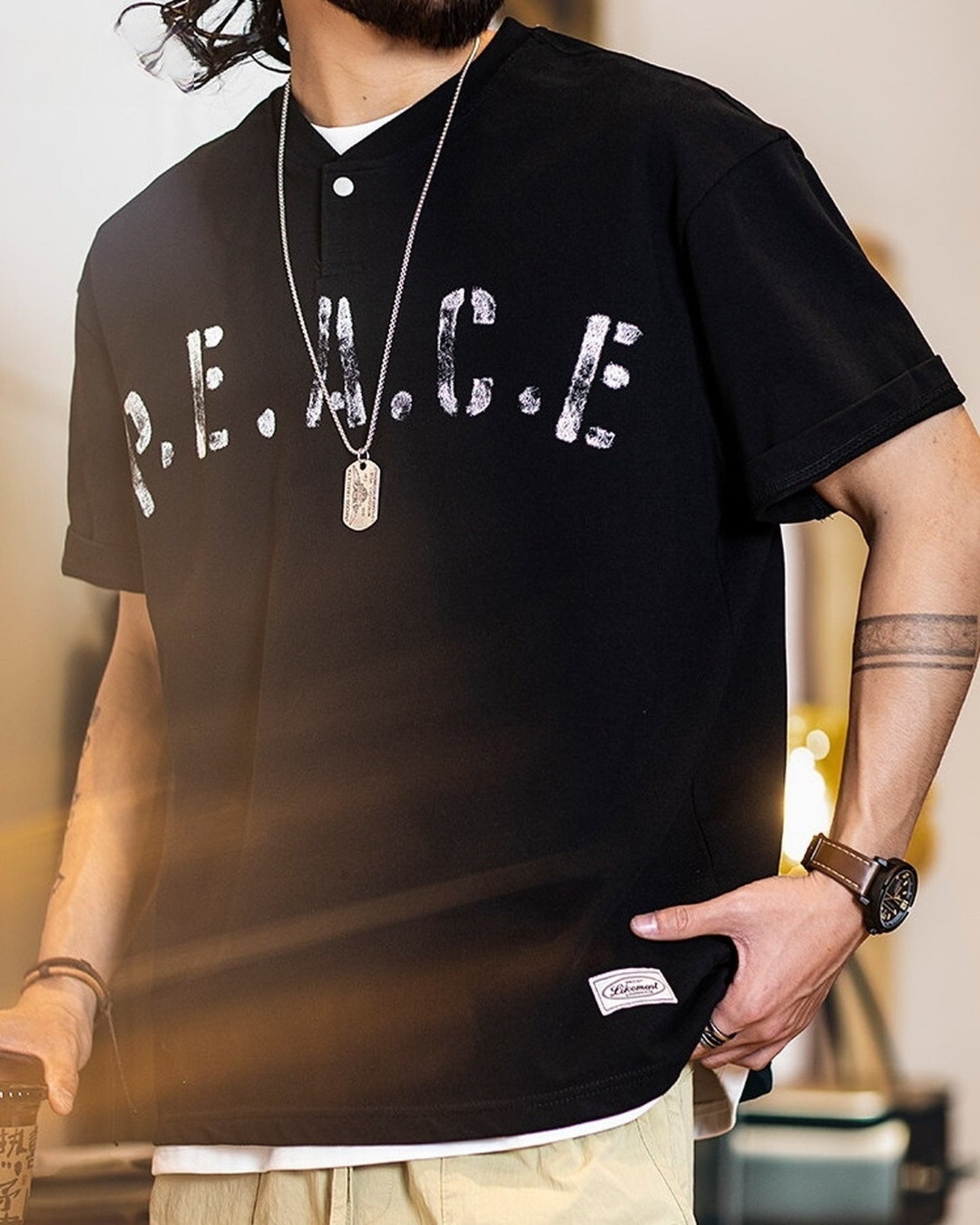 Letter-Print Loose Casual Henley-Neck T-Shirt 2color 【ACT0080】