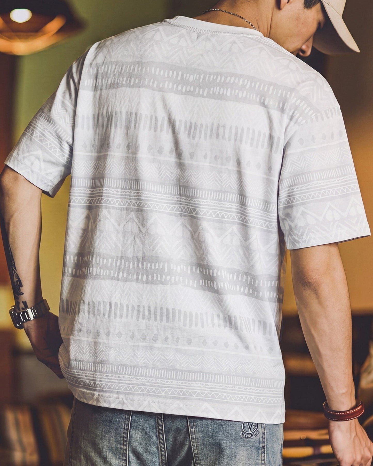 Native-Pattern Vintage Geometric Relaxed T-Shirt 2color 【ACT0103】