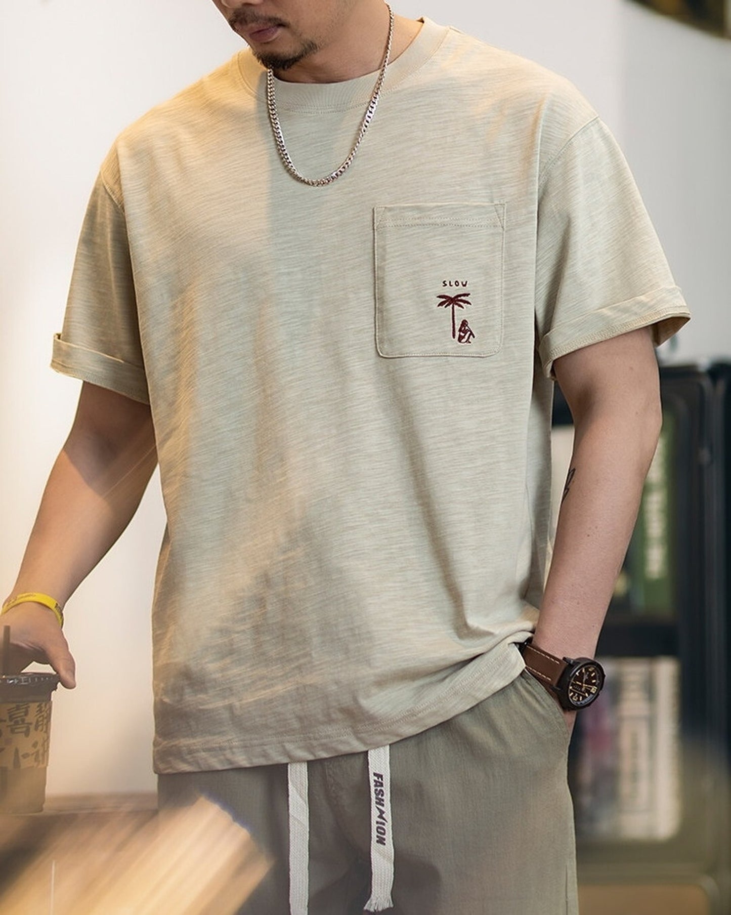 Palm-Tree-Embroidery Chest-Pocket Relaxed T-Shirt 2color 【ACT0087】