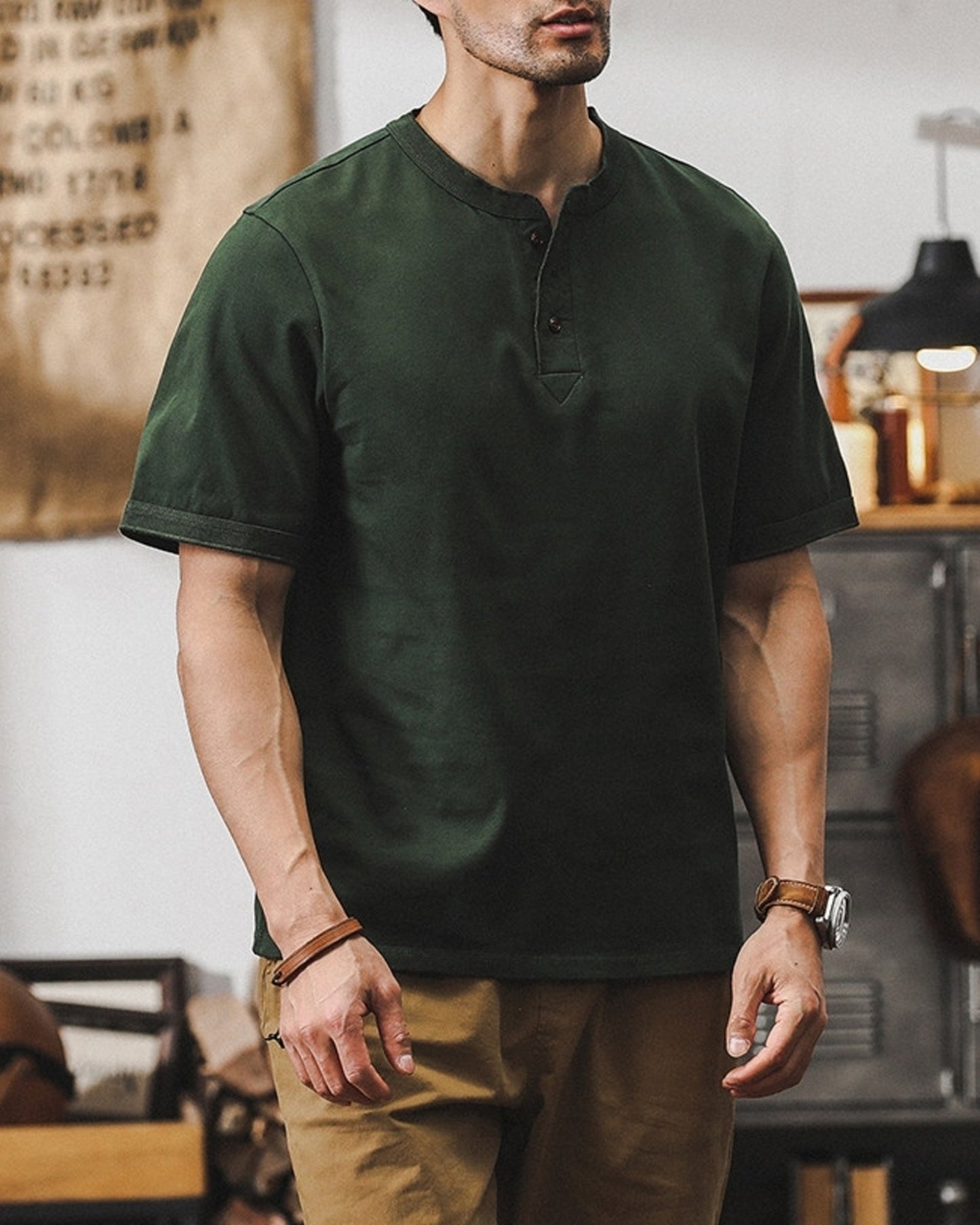 loose cotton henley neck t-shirt 5color 【ACT0164】