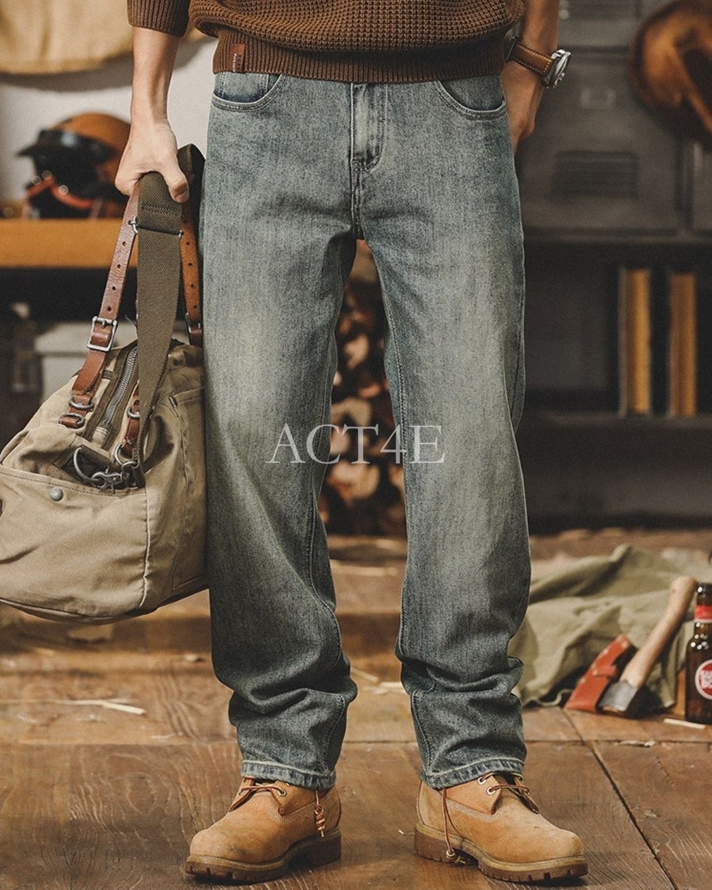 vintage heavy weight loose straight denim pants 2color 【ACT0224】