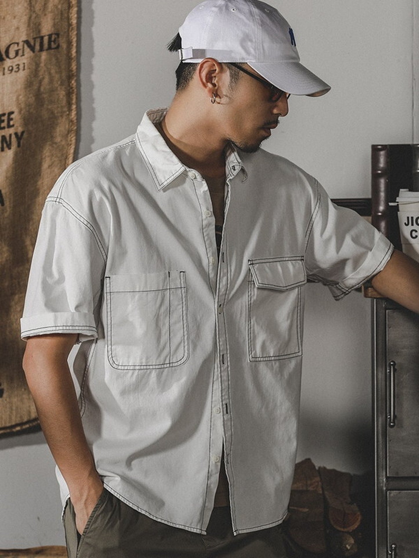 loose-fit stitched pocket short-sleeve cotton shirt 【ACT0252】