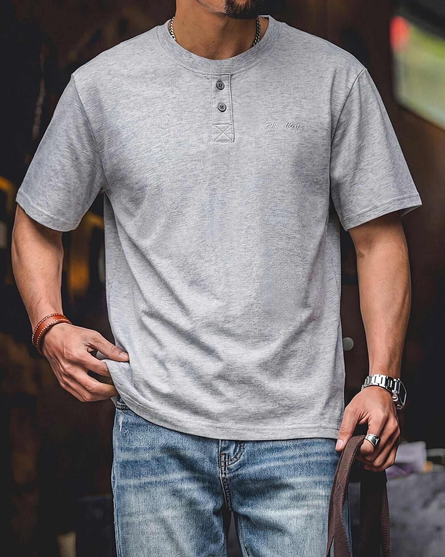 Relaxed Fit Modal Blend Henley Neck T-Shirt 2color 【ACT0115】