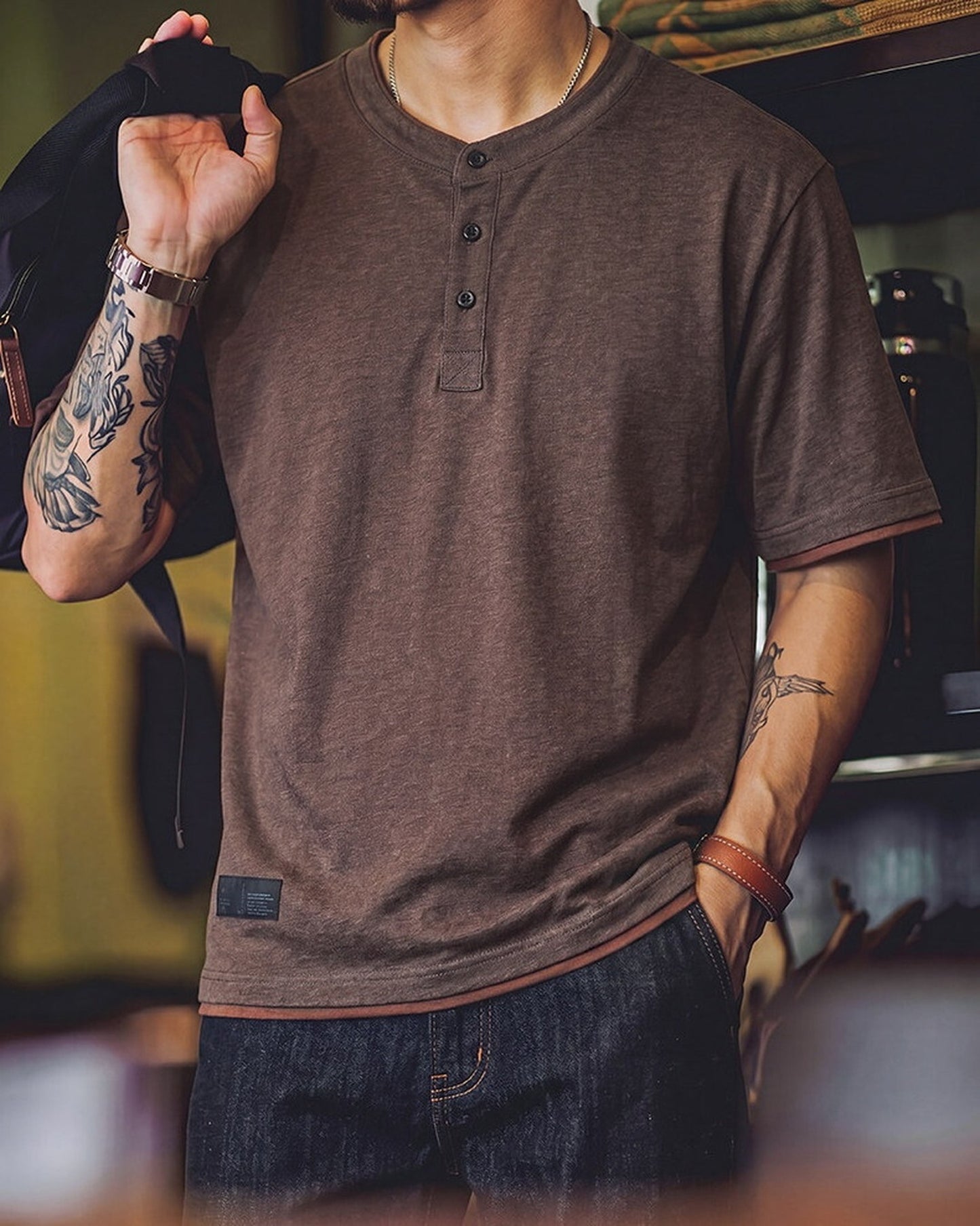 Relaxed Contrast-Trim Heavyweight Cotton Henley T-Shirt 【ACT0100】