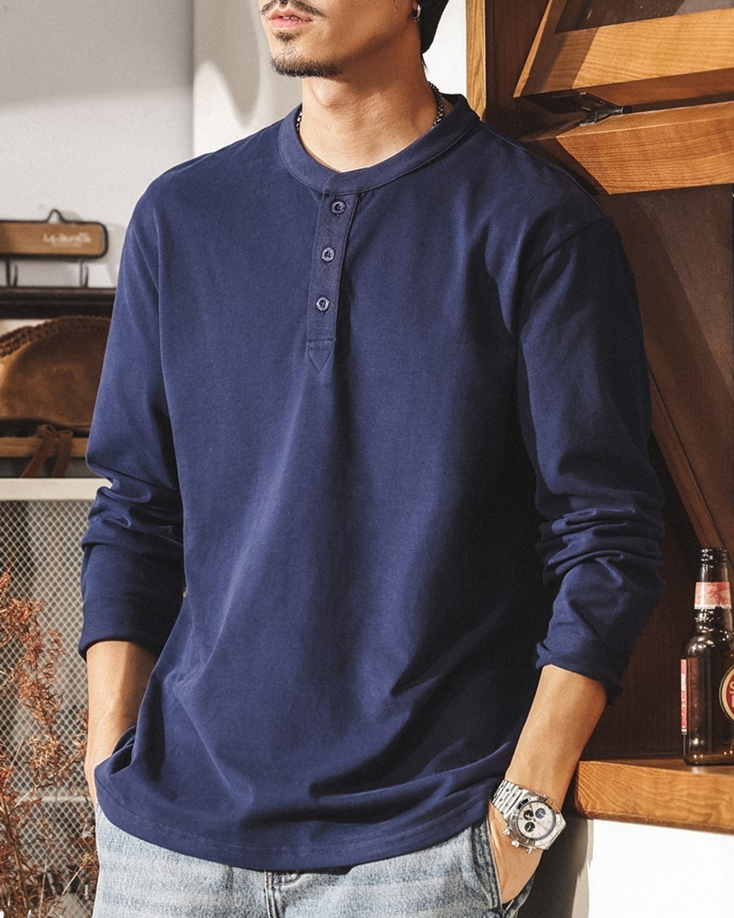 henley neck long sleeve t-shirt 5color 【ACT0244】