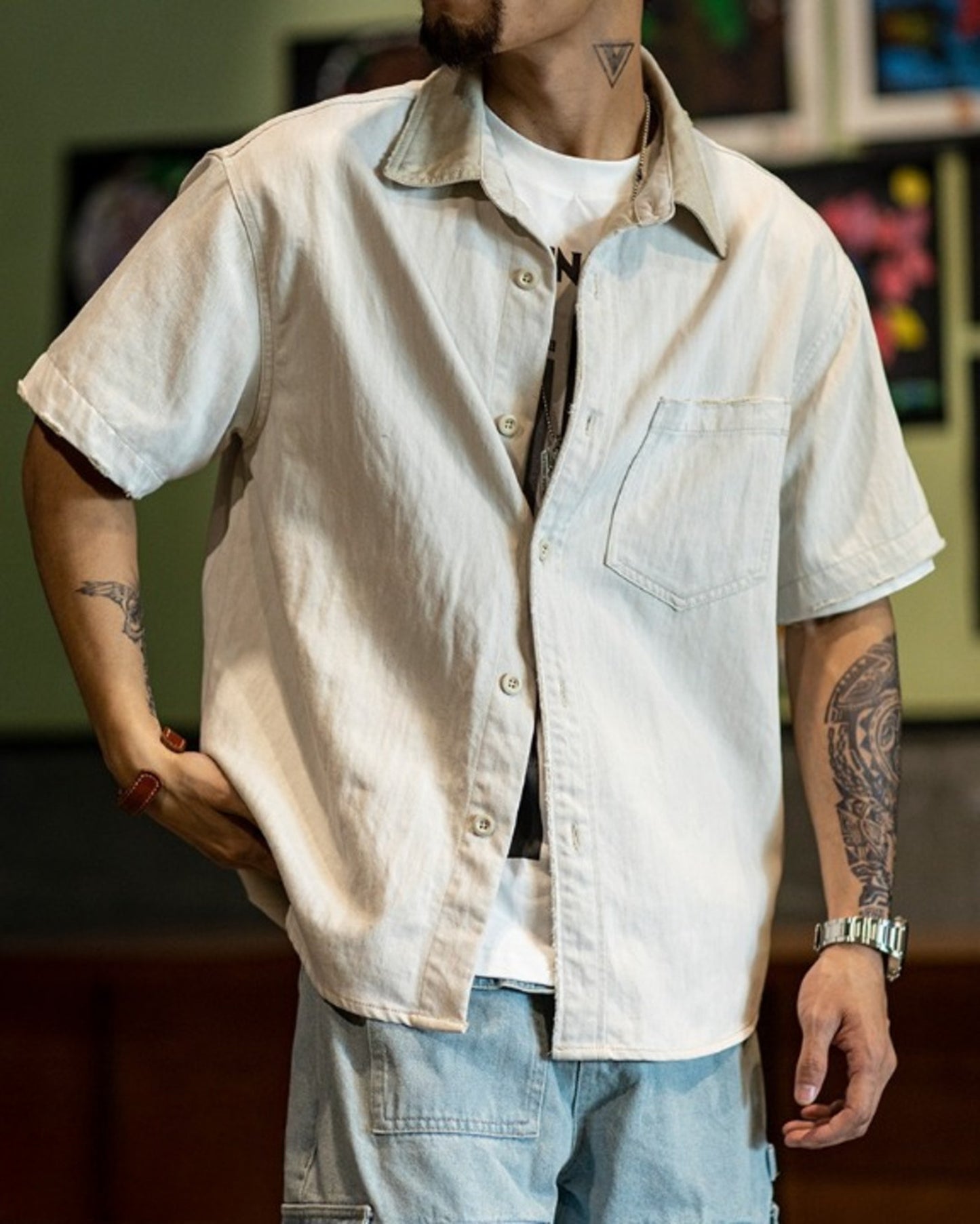 color-block short sleeve work shirt 【ACT0153】