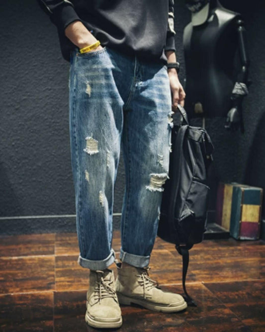 damage processed tapered denim pants 【ACT0014】