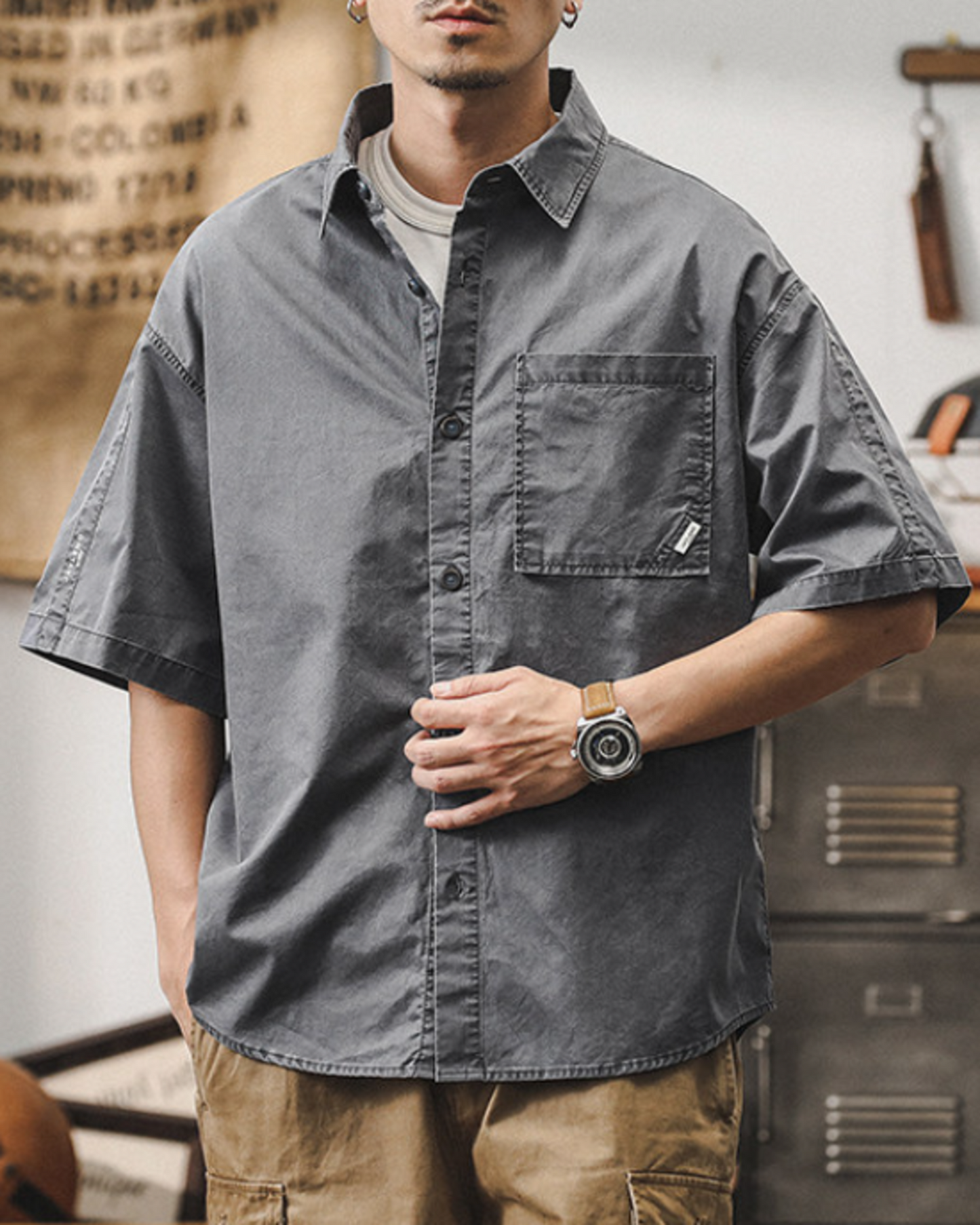 vintage washed loose military short sleeve shirt 2color 【ACT0246】