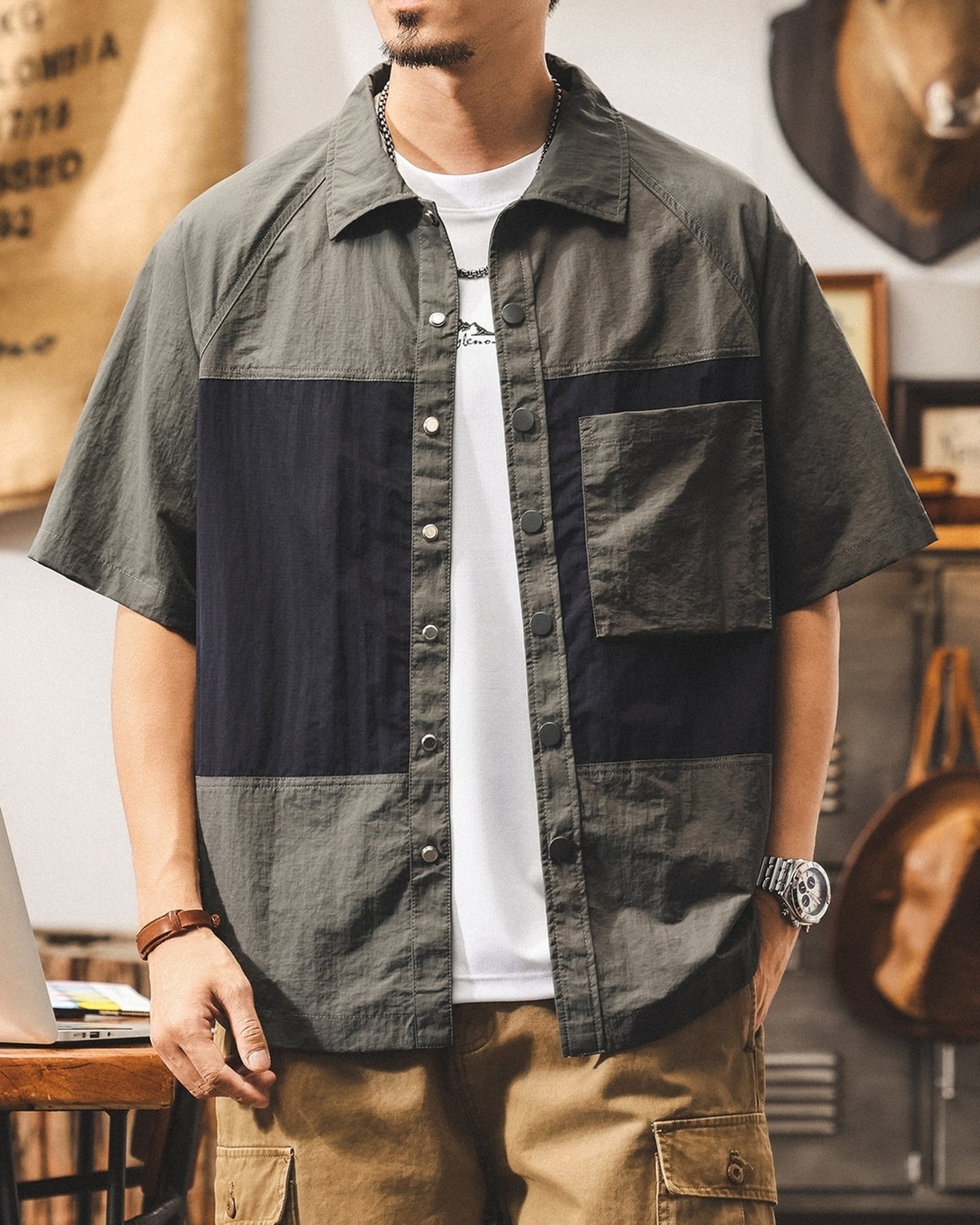 color block quick-dry utility cargo shirt 2color 【ACT0237】