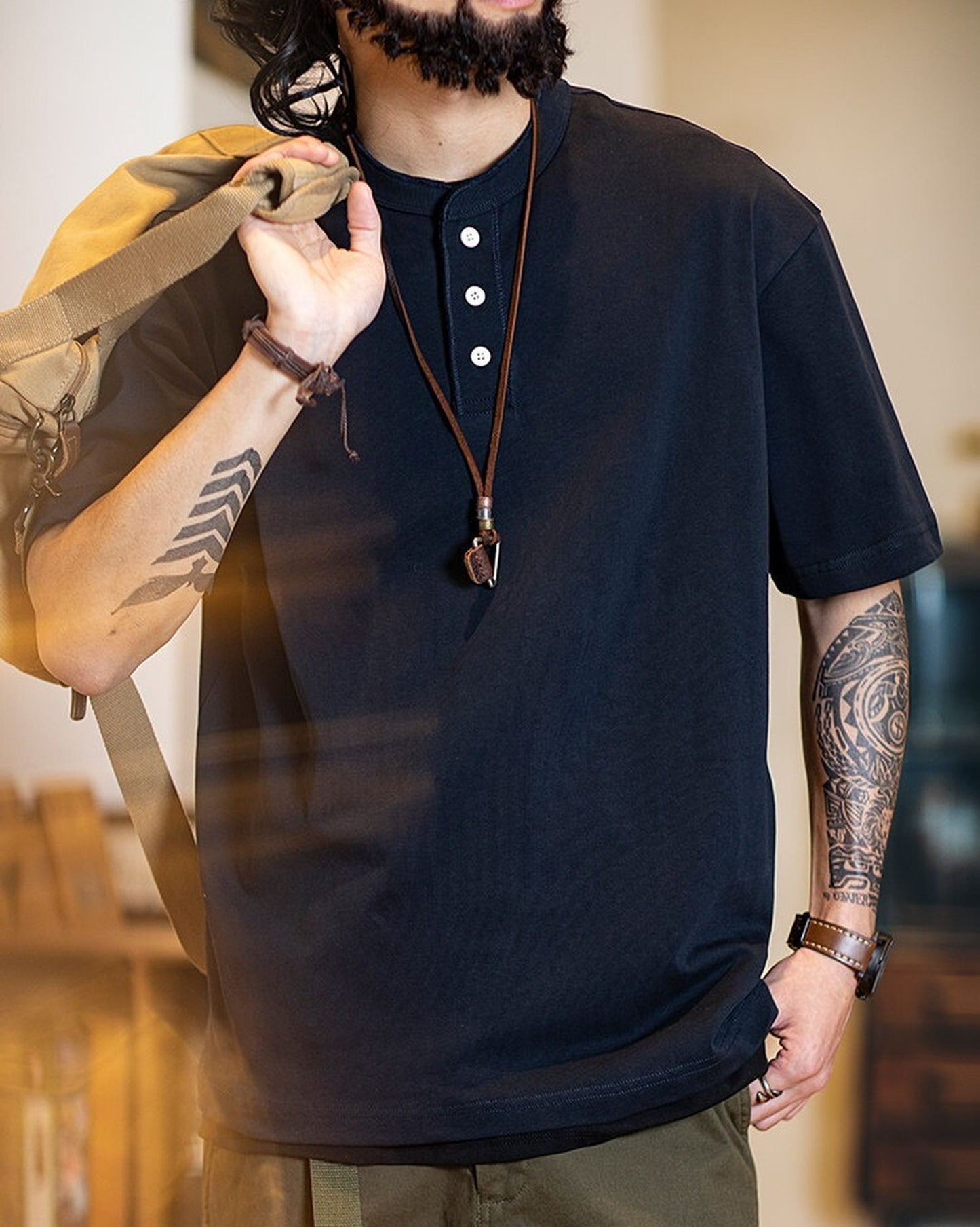 Henley-Neck Casual Loose Short-Sleeve T-Shirt 4color 【ACT0076】