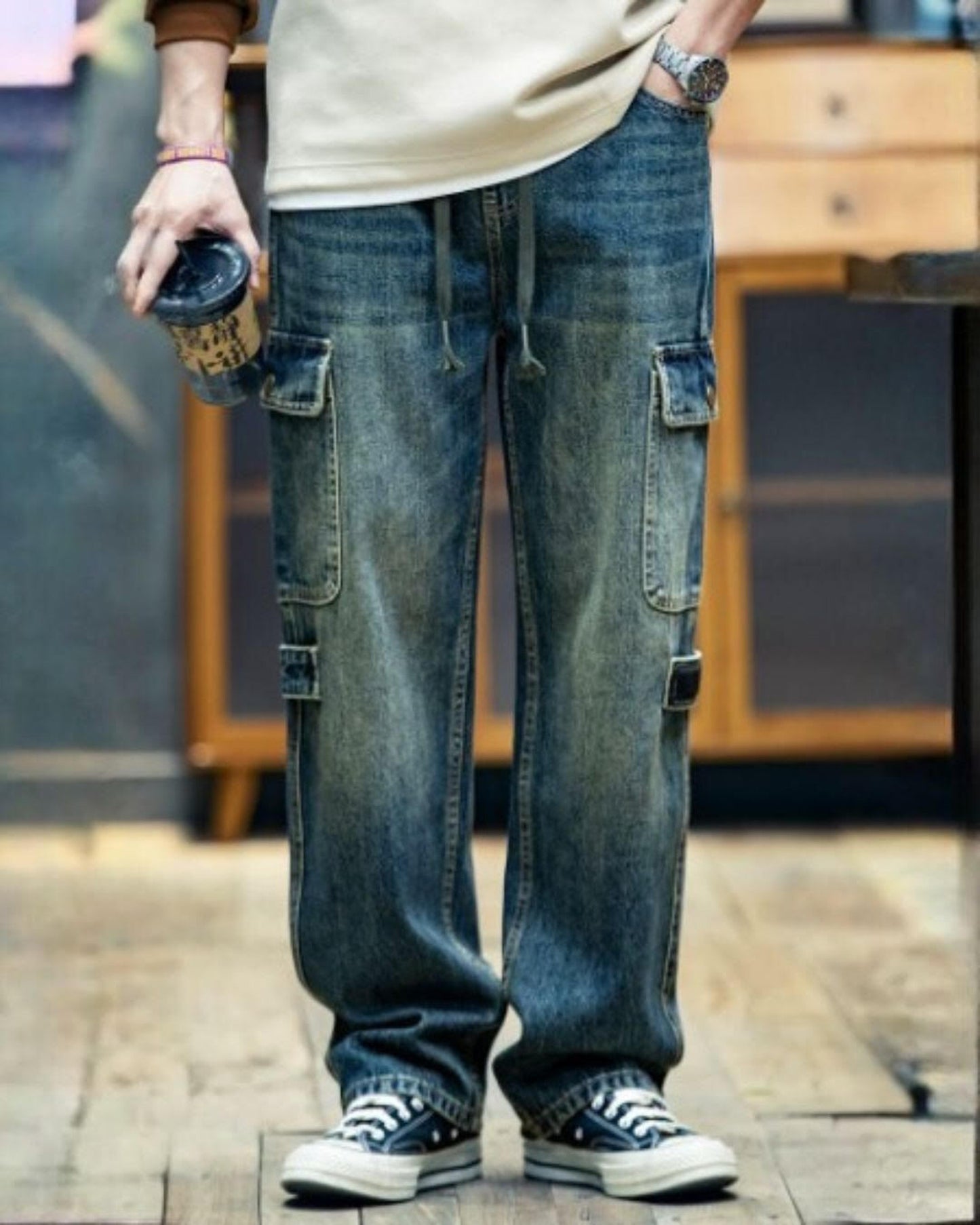 drawcord patch pocket wide denim pants 【ACT0024】
