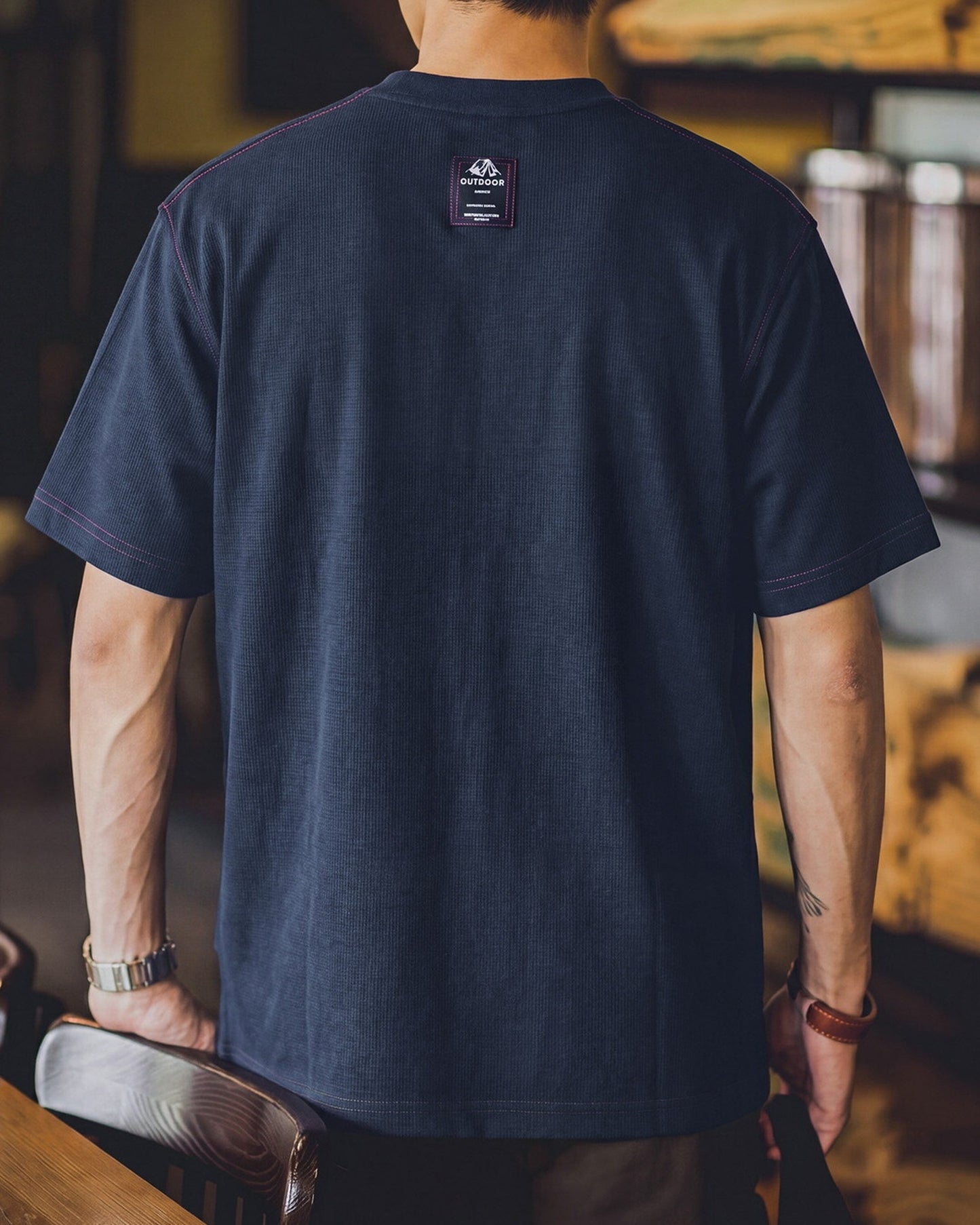 Vintage Zip-Pocket Contrast-Stitch Relaxed T-Shirt 【ACT0093】