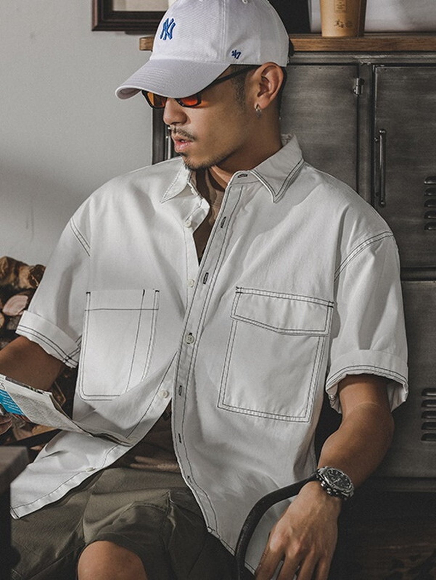 loose-fit stitched pocket short-sleeve cotton shirt 【ACT0252】