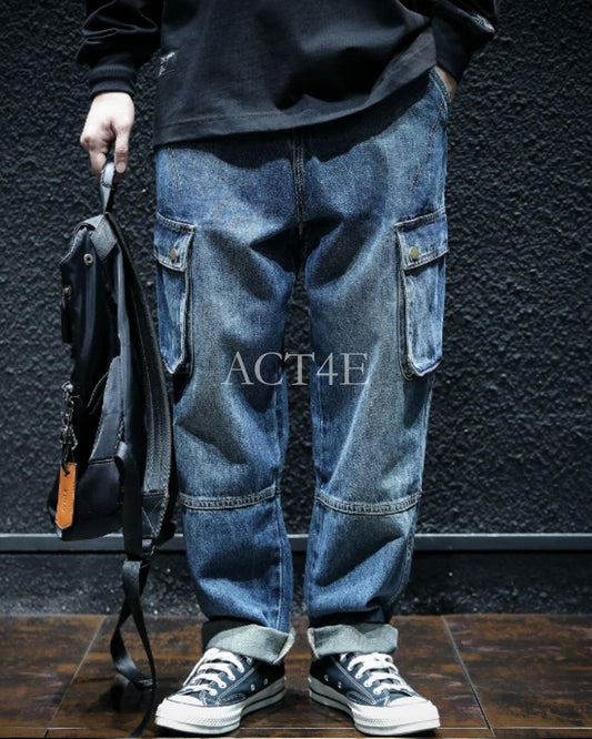vintage processed loose fit cargo denim pants 【ACT0023】