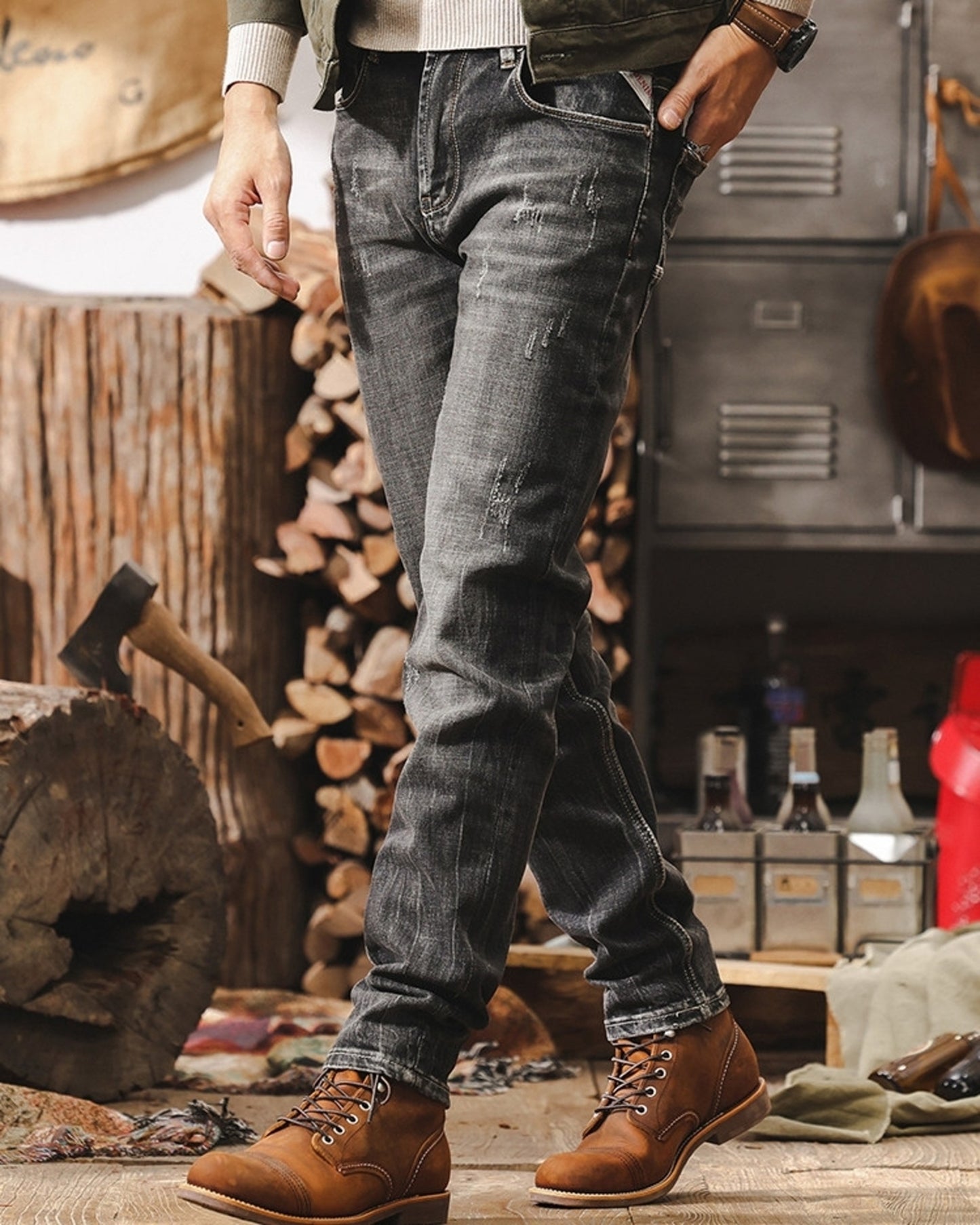 heavy weight classic retro straight denim pants 【ACT0195】