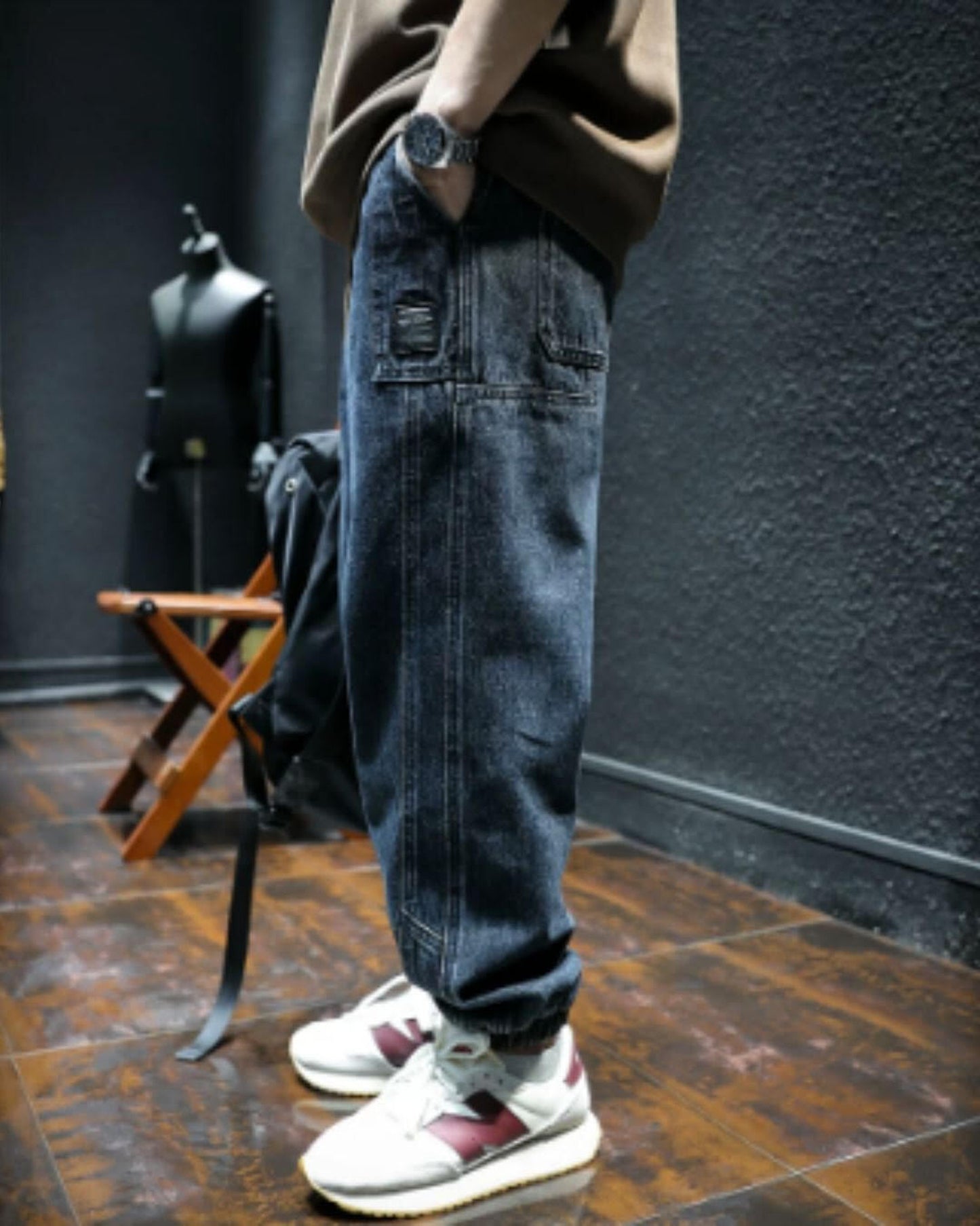 drawstring patch pocket tapered denim pants 【ACT0021】