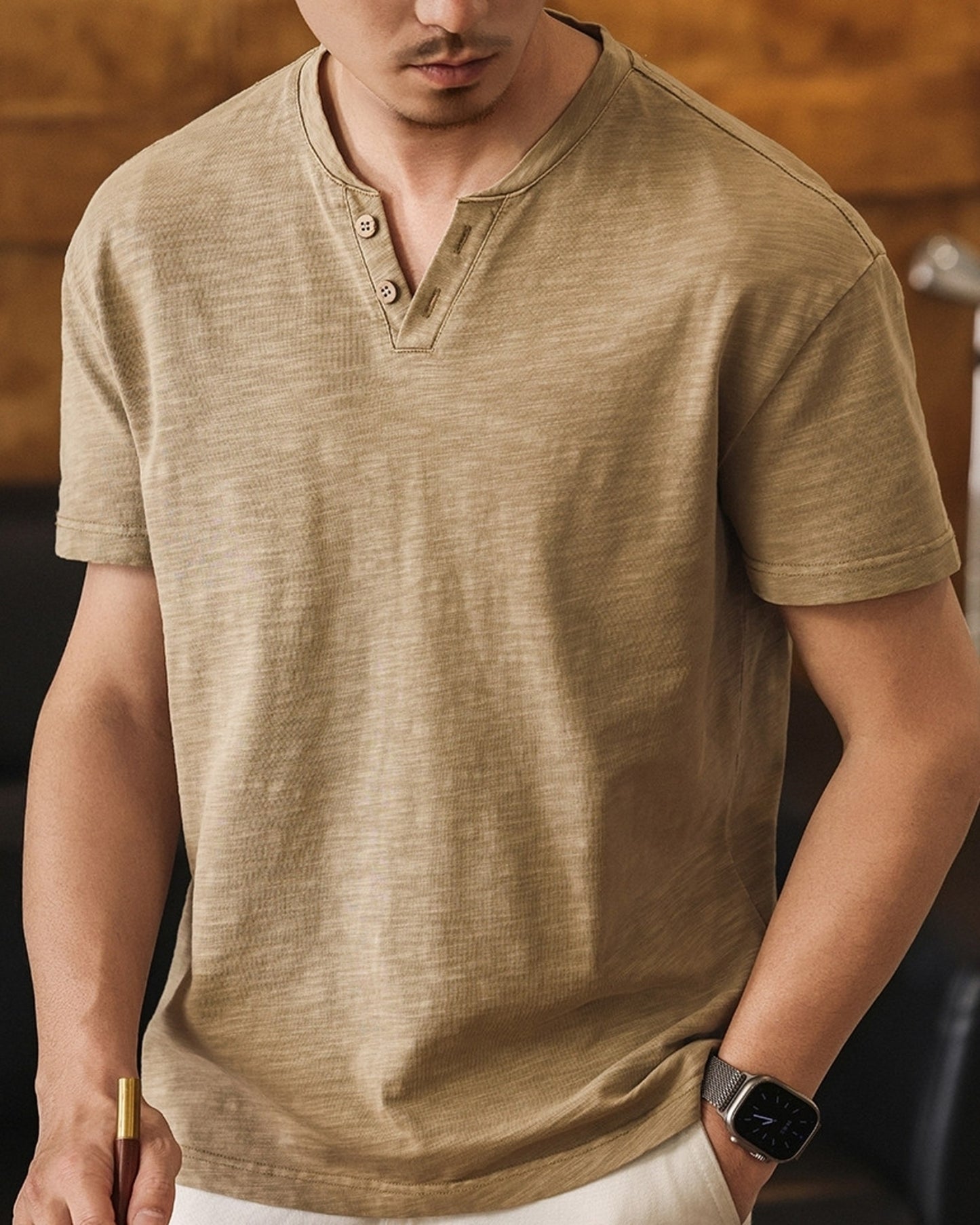 slub cotton henley neck loose short sleeve T-shirt 3color 【ACT0229】