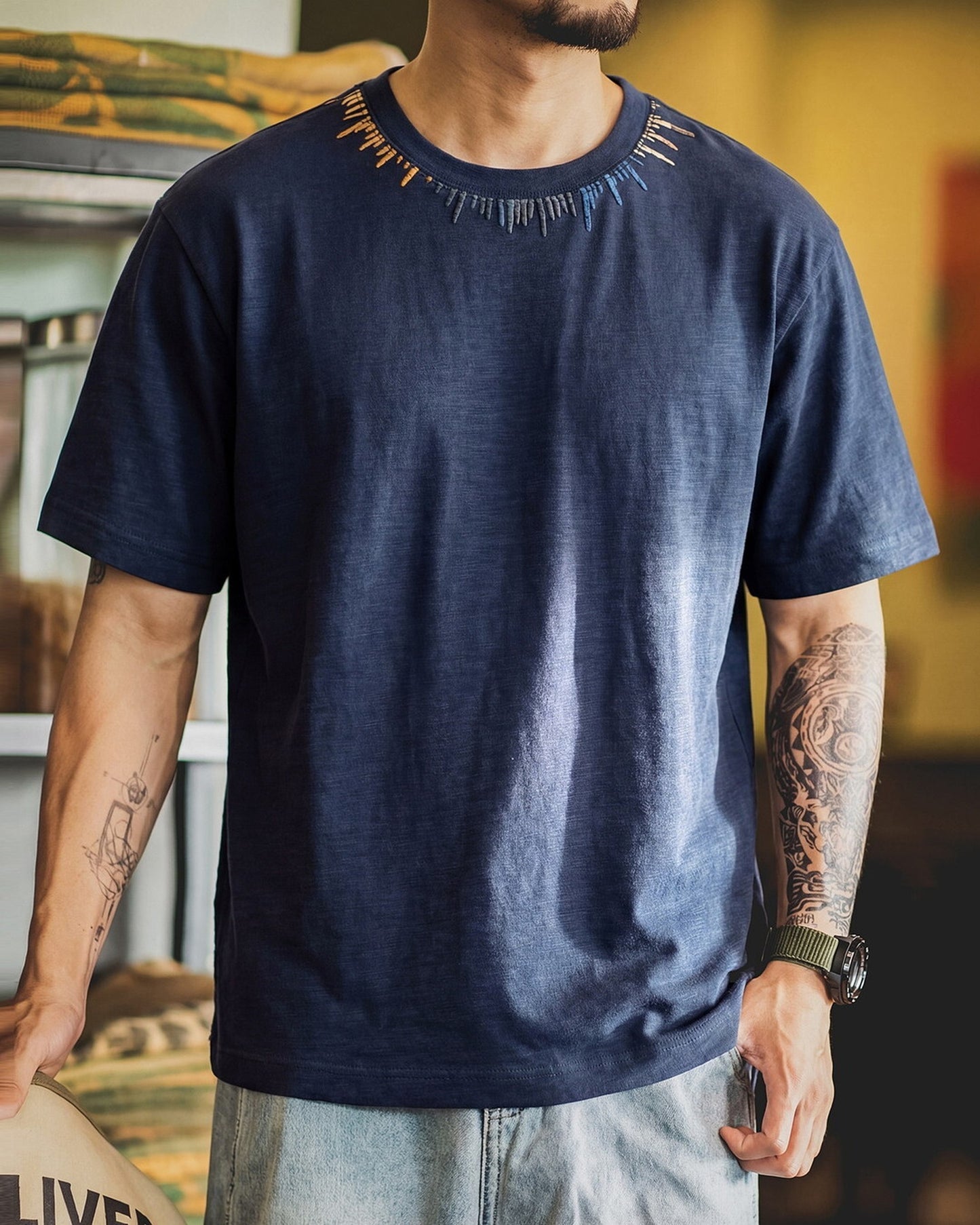 Neckline-Embroidery Casual Loose T-Shirt 2color 【ACT0084】