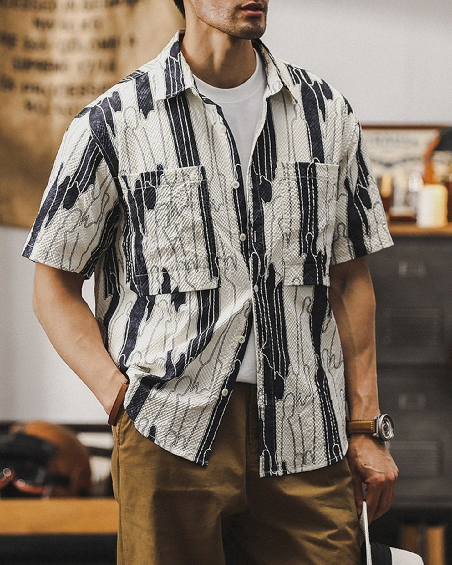 vintage pattern loose short sleeve work shirt 2color 【ACT0227】