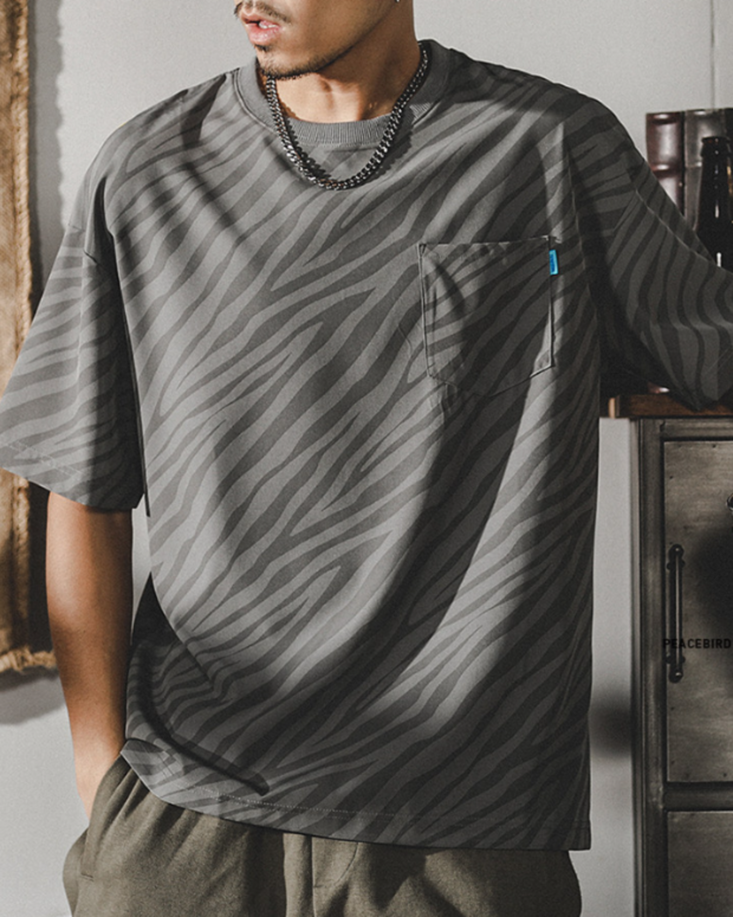 zebra striped pocket short sleeve t-shirt 3color 【ACT0165】