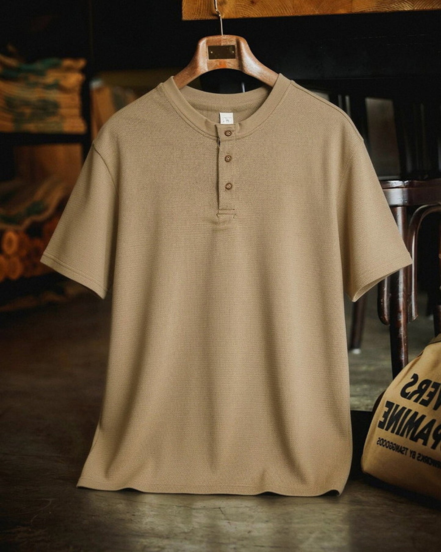 Henley Neck Relaxed Plaid-Trimmed Waffle T-Shirt 2color 【ACT0108】